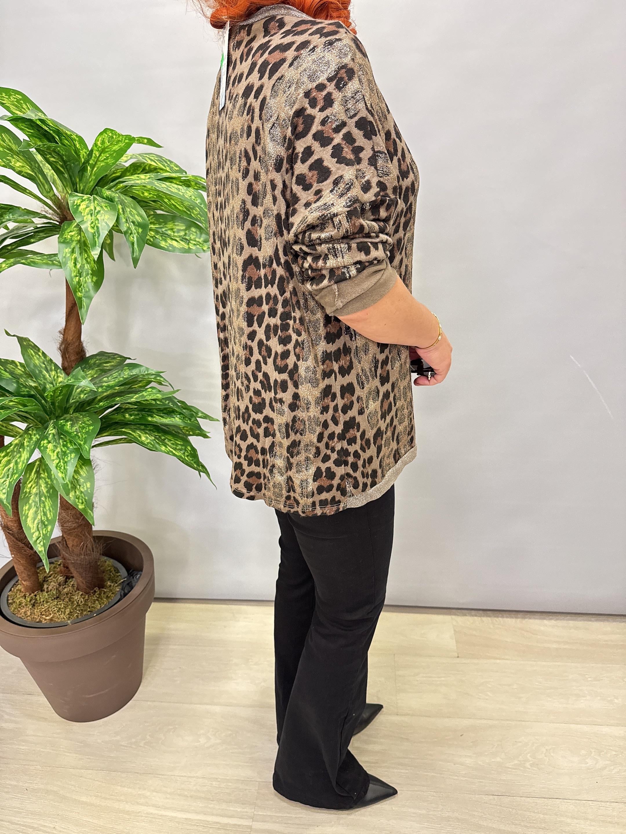 2512 Italyan Leopar Detaylı Triko Bluz Vizon