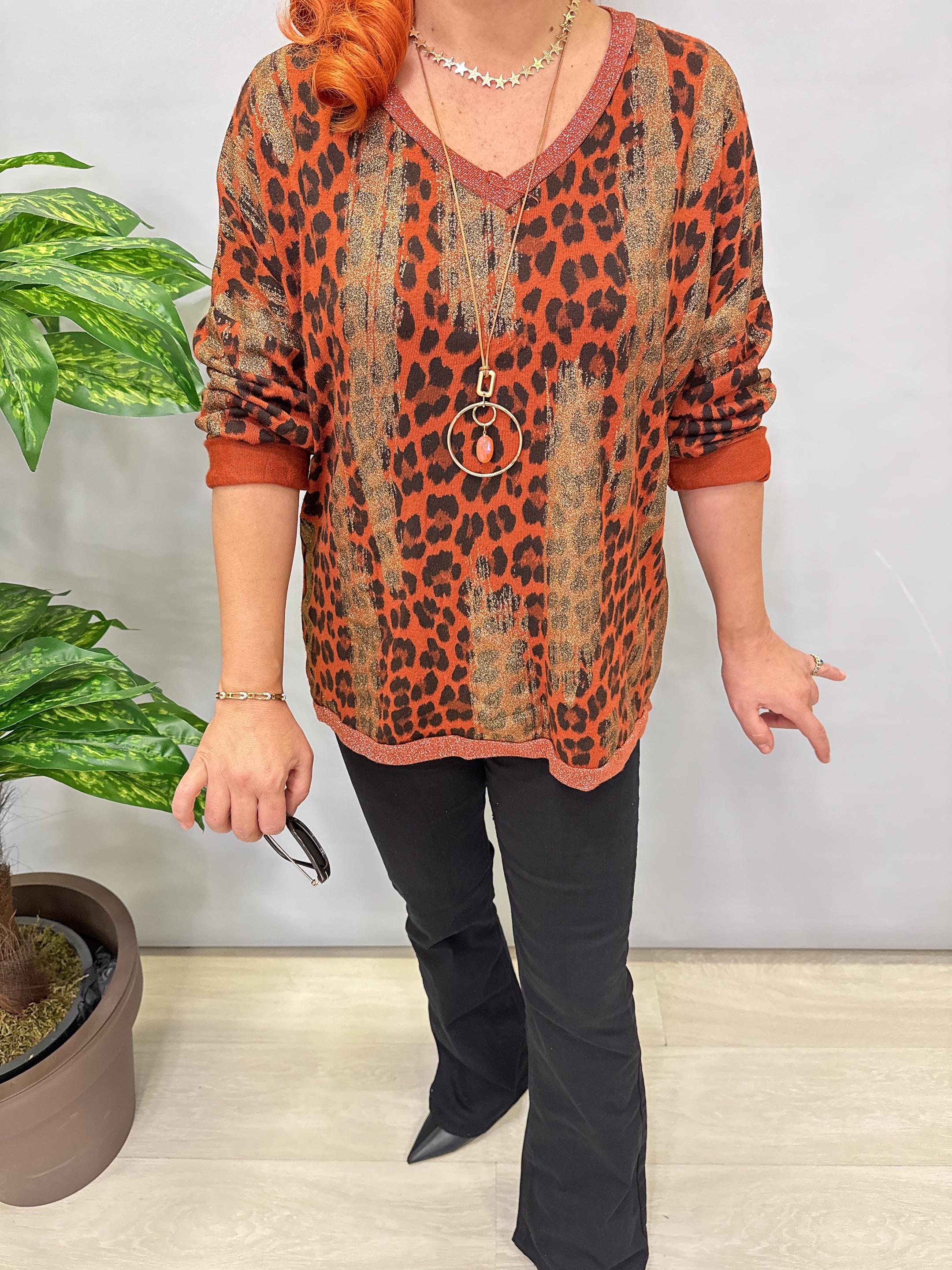 2512 Italyan Leopar Detaylı Triko Bluz Kiremit