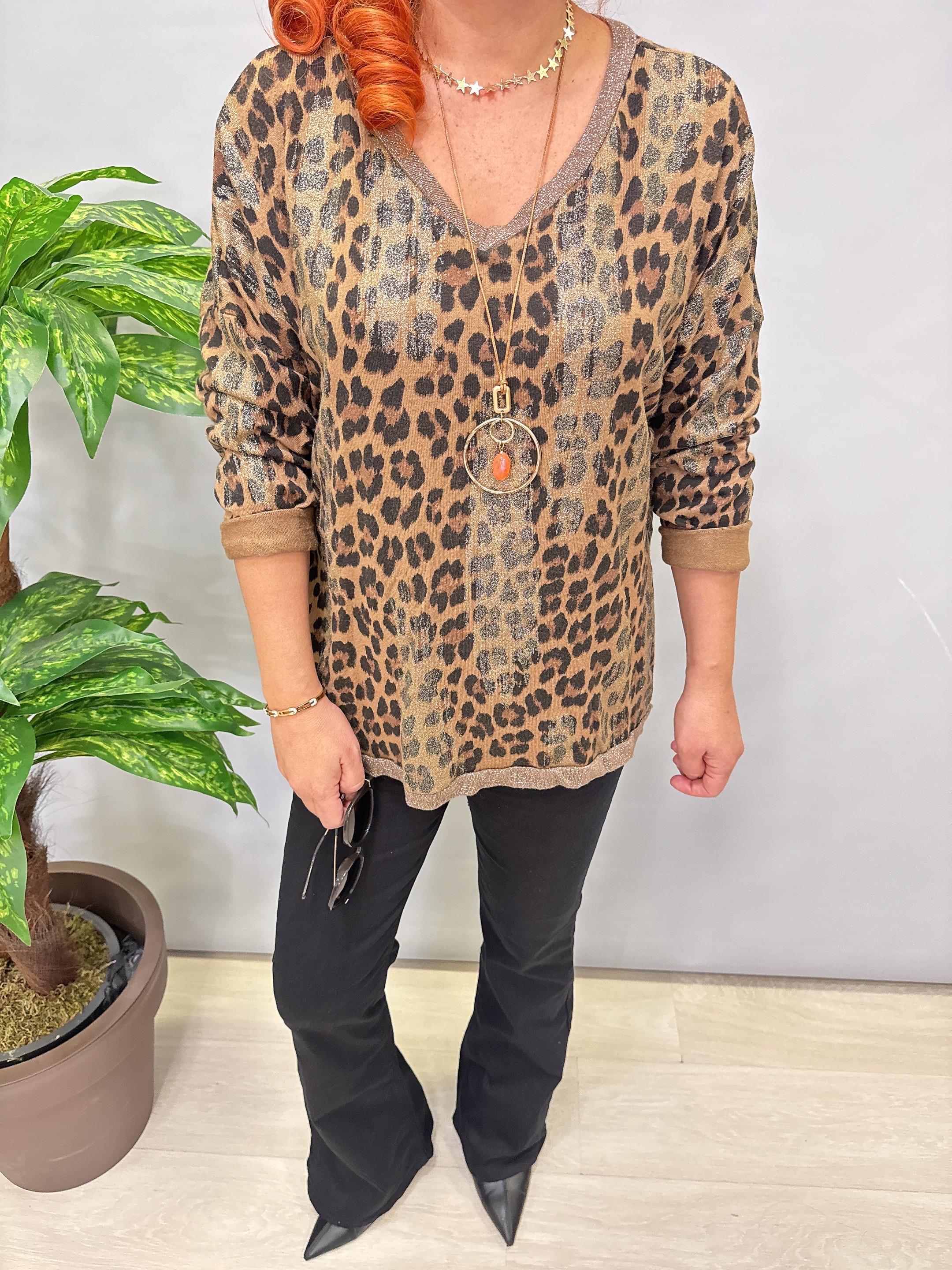 2512 Italyan Leopar Detaylı Triko Bluz Camel