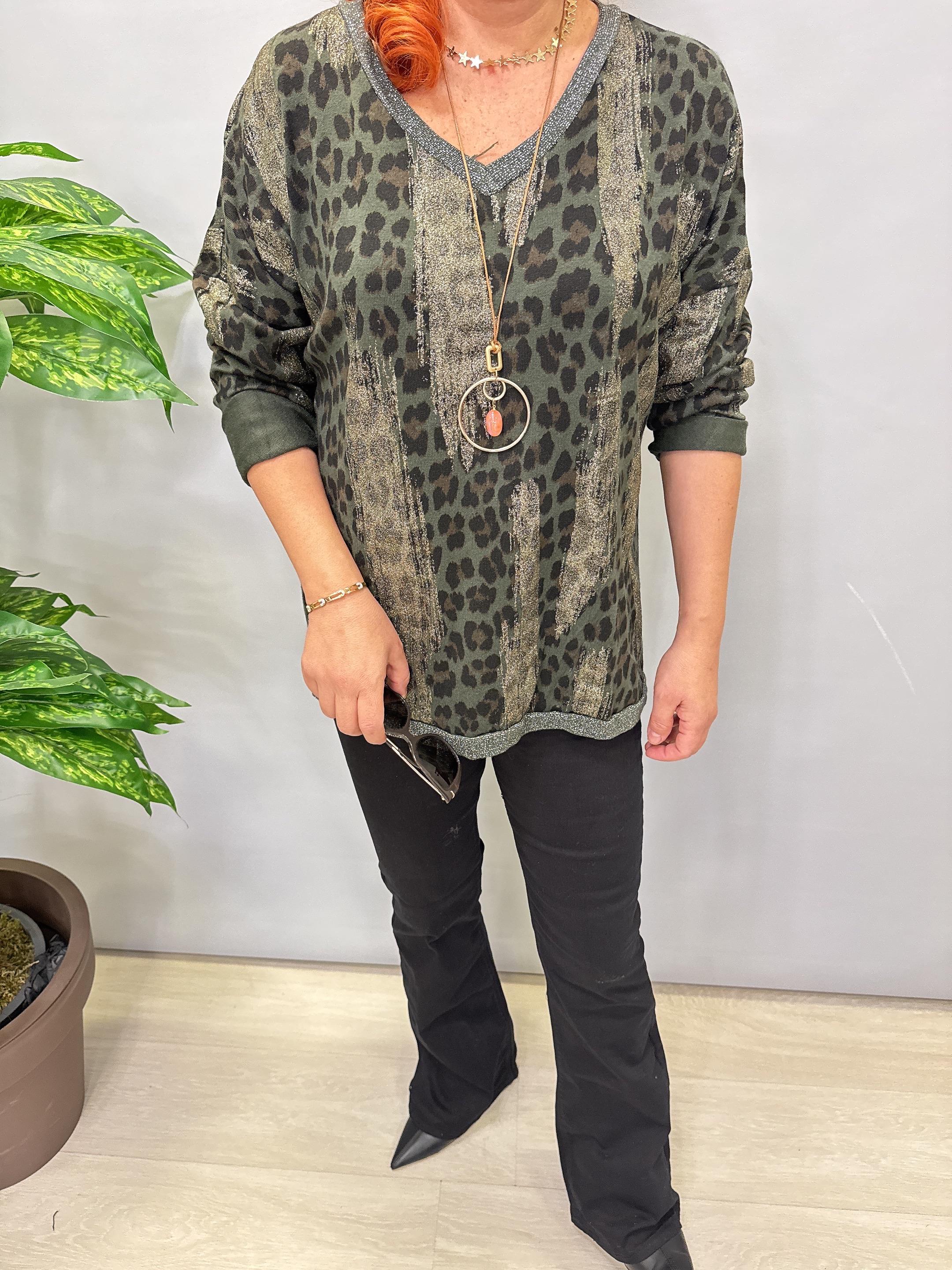 2512 Italyan Leopar Detaylı Triko Bluz Haki