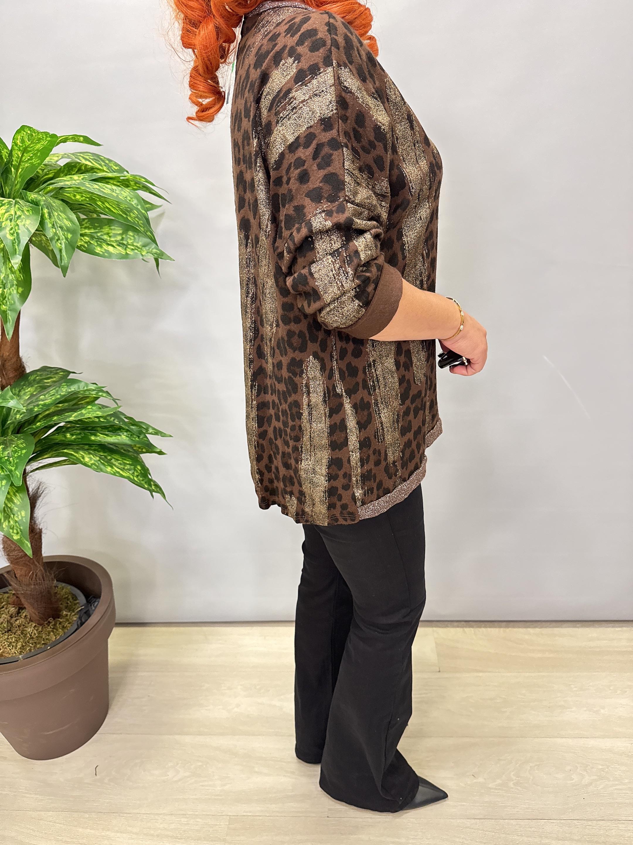 2512 Italyan Leopar Detaylı Triko Bluz Kahve