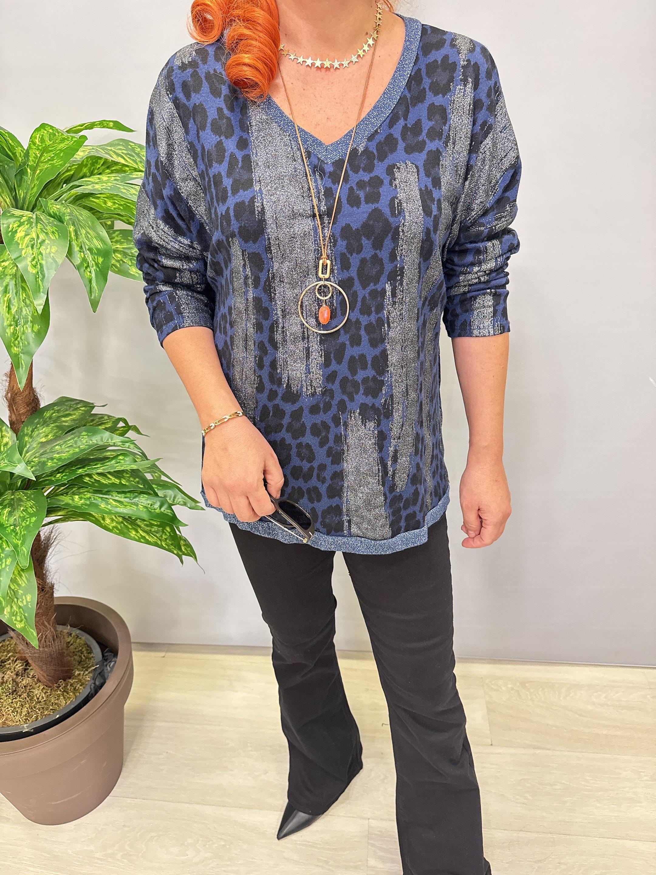 2512 Italyan Leopar Detaylı Triko Bluz Lacivert