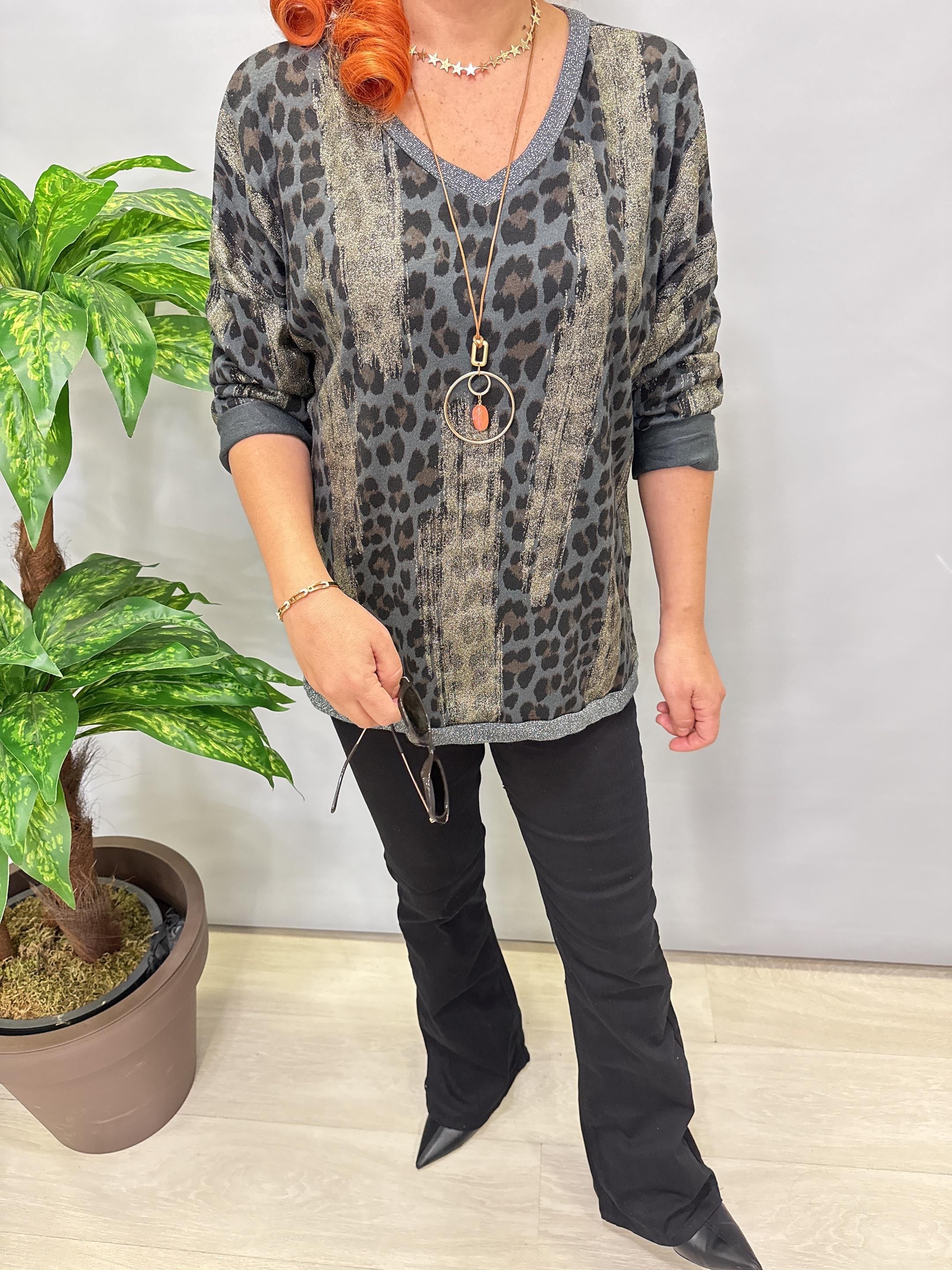 2512 Italyan Leopar Detaylı Triko Bluz Antrasit