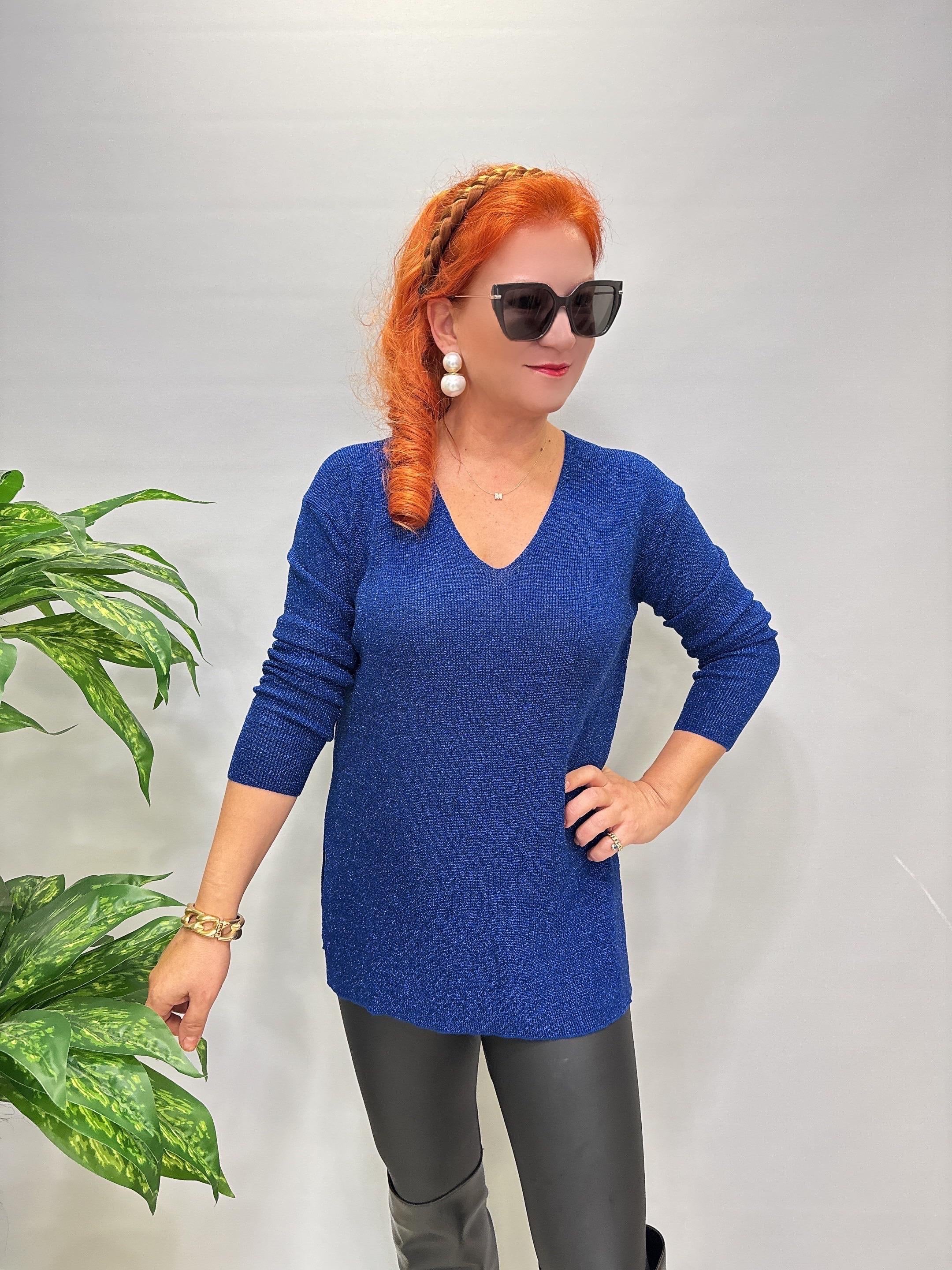 2535 Simli Triko Bluz Saks Mavi