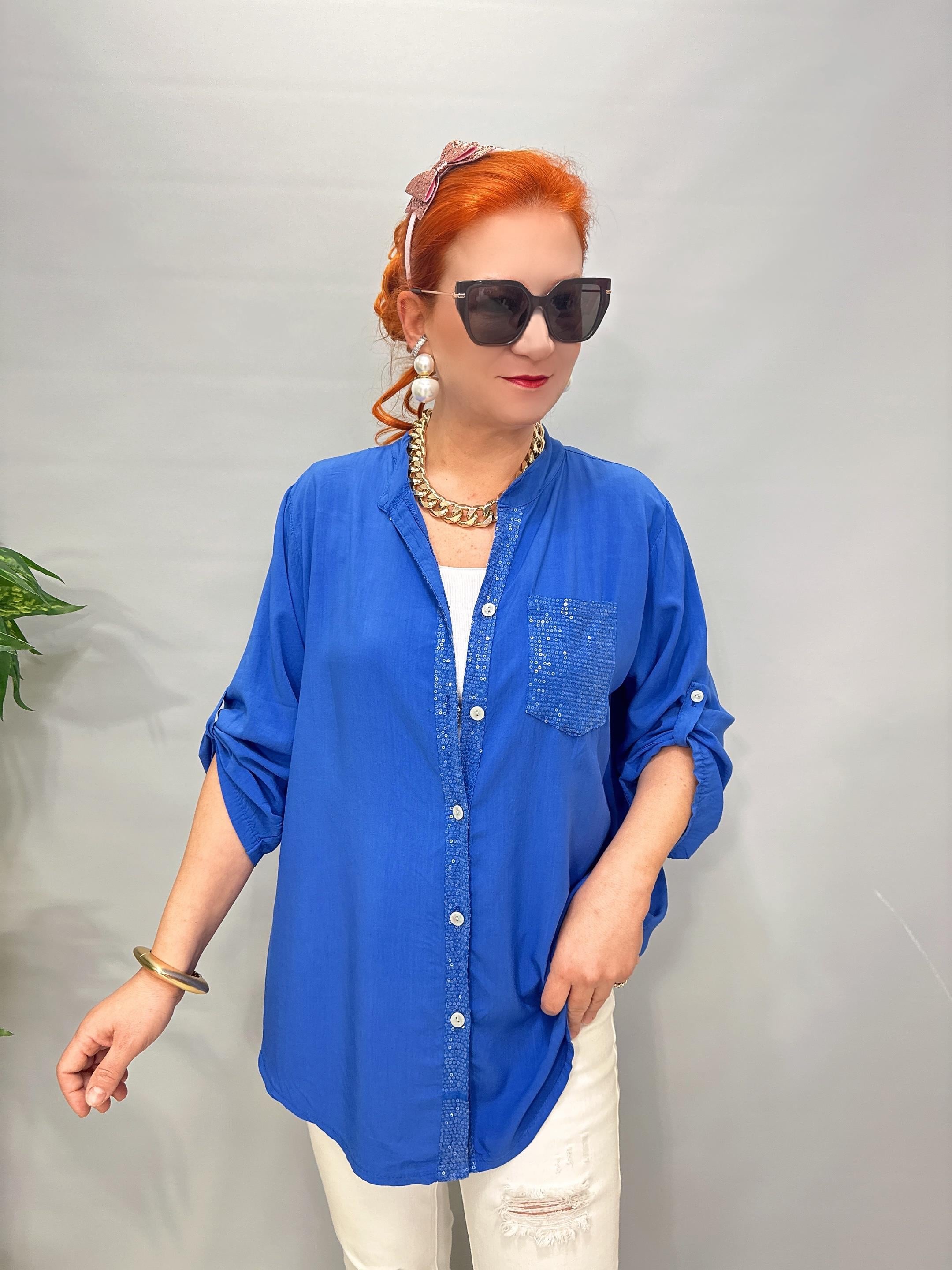 2580 Italyan Payet Detay Gömlek Bluz Saks Mavi