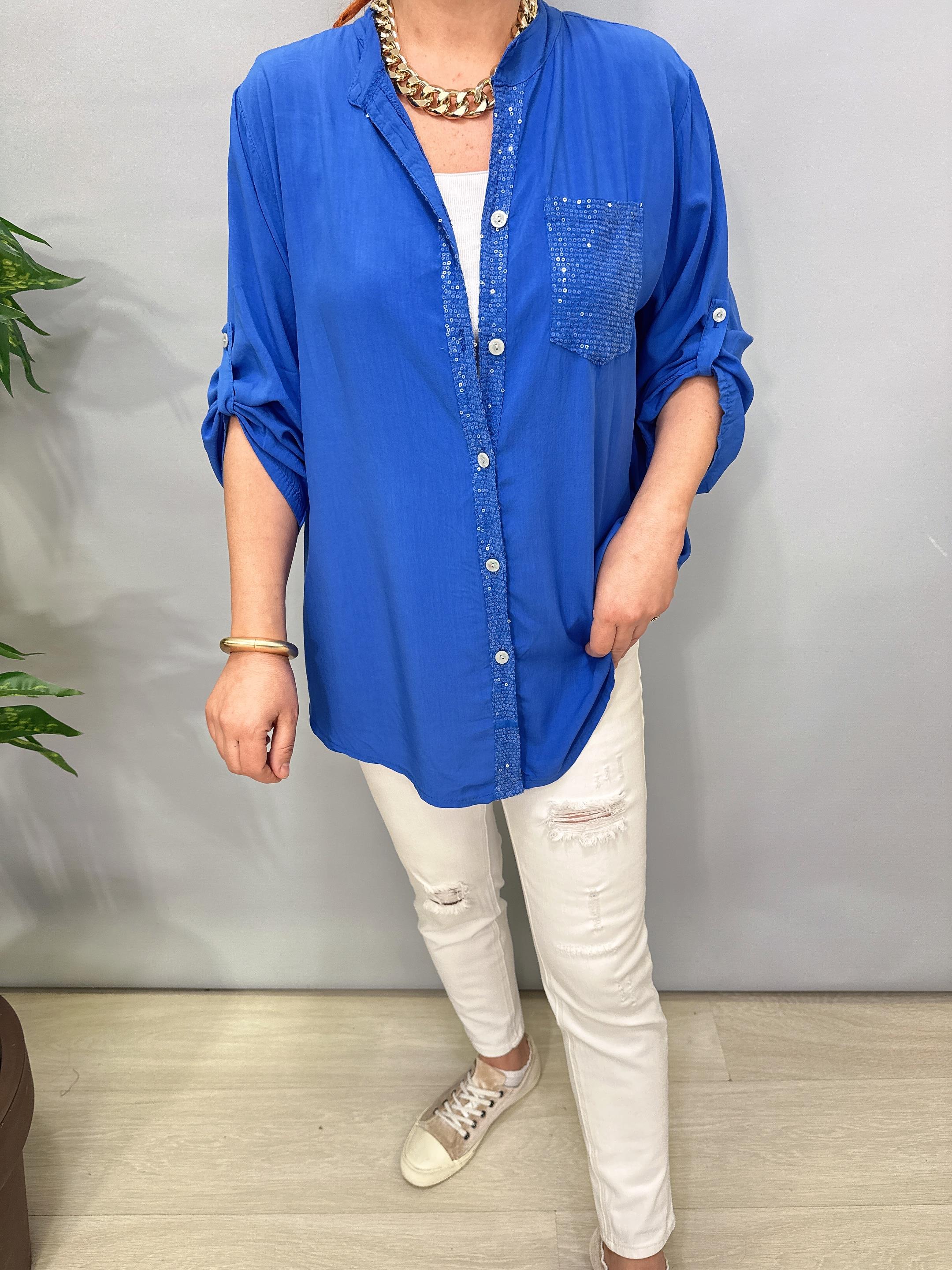 2580 Italyan Payet Detay Gömlek Bluz Saks Mavi