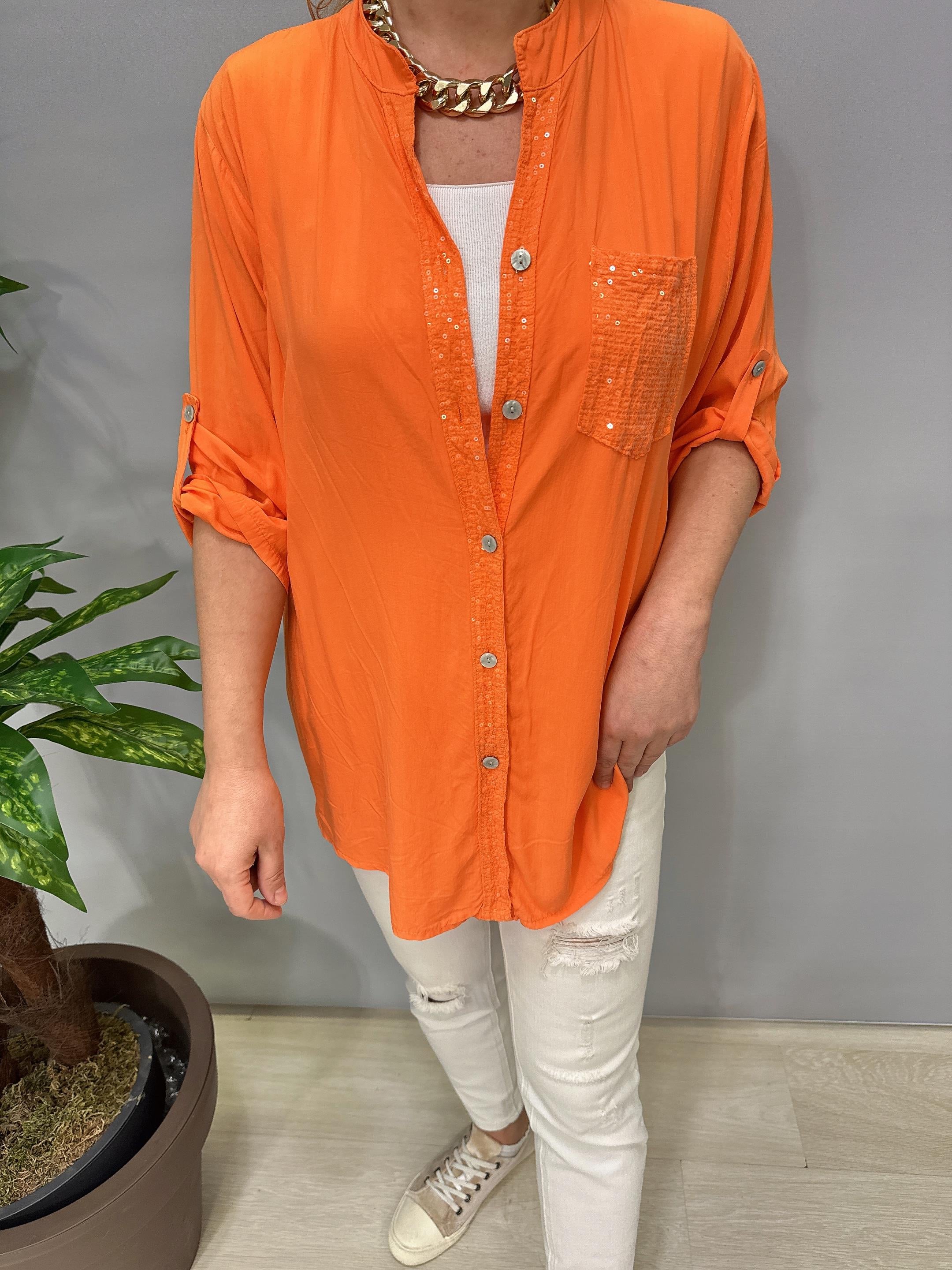 2580 Italyan Payet Detay Gömlek Bluz Turuncu