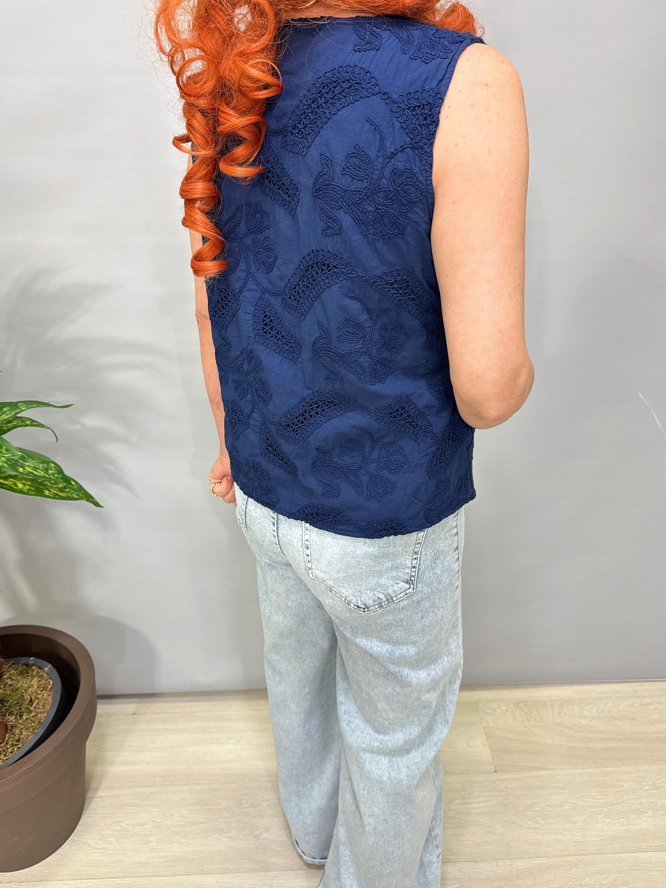 2602 Italyan Nakışlı Astarlı  Yelek Bluz Lacivert