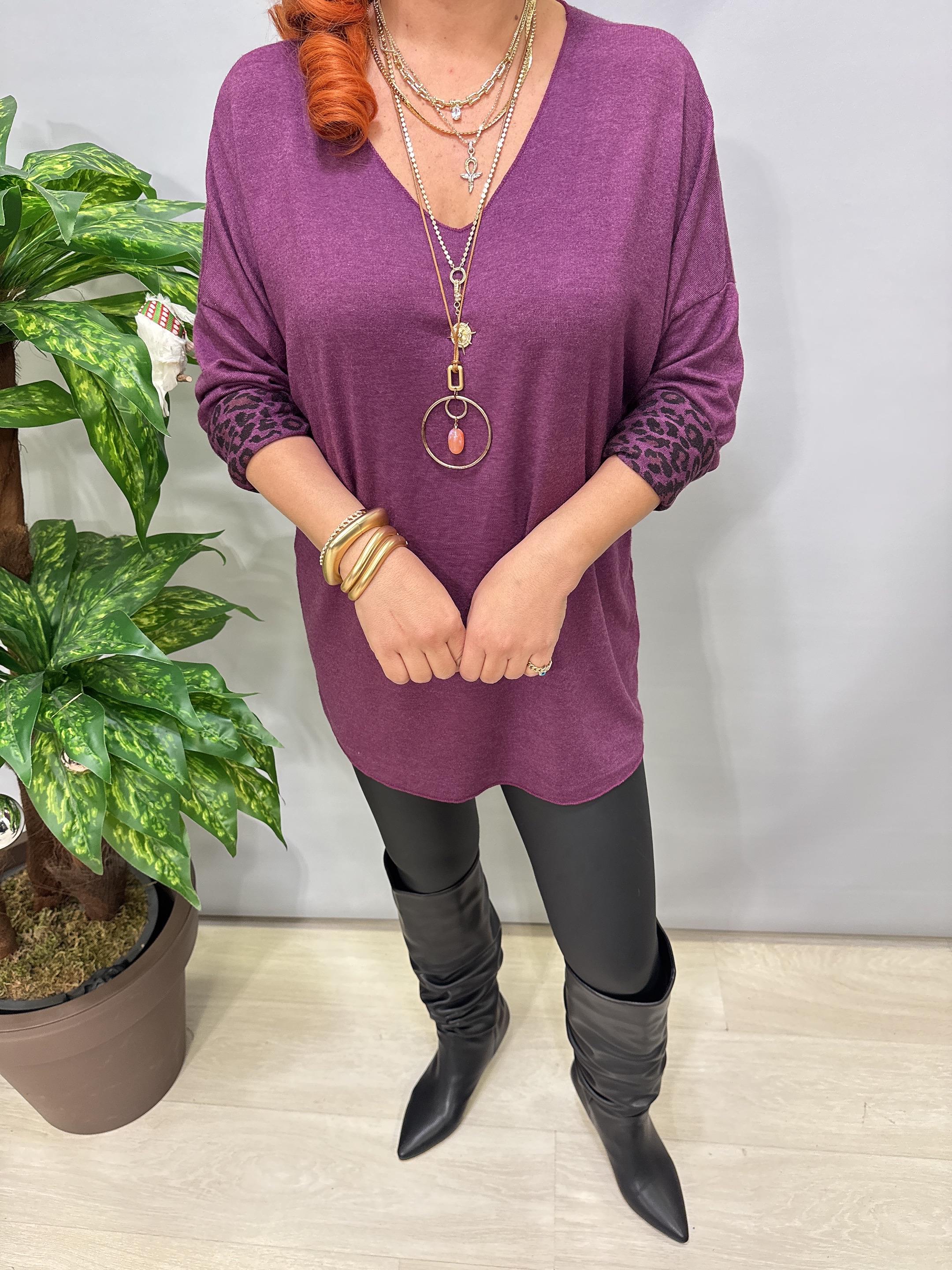 2626 Italyan İçi Leopar Detay Triko Bluz Leylak