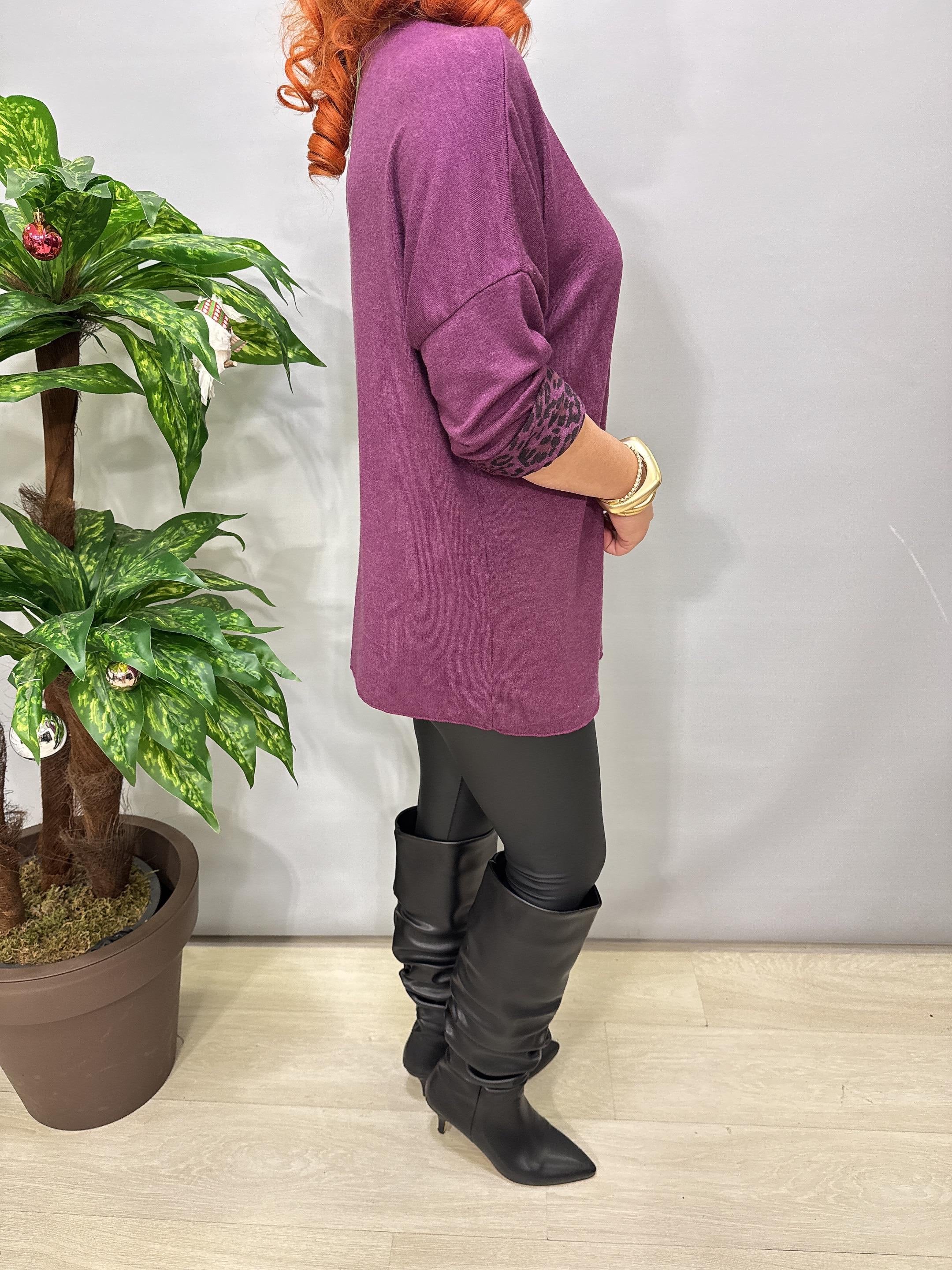 2626 Italyan İçi Leopar Detay Triko Bluz Leylak