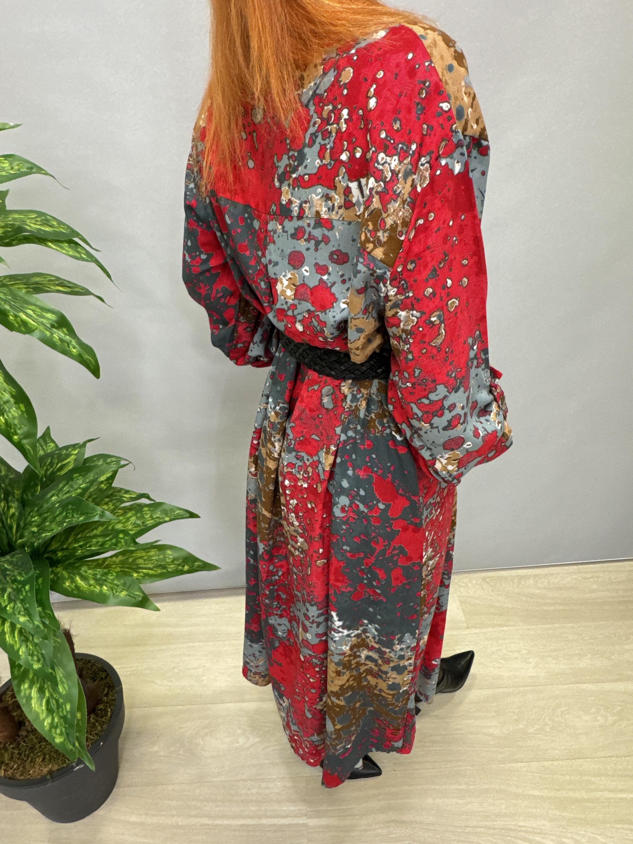 MNS 3005 PAMUKLU VİSKON GÖMLEK ELBİSE GRİ / KIRMIZI (KEMER DAHİL DEĞİLİDİR.)