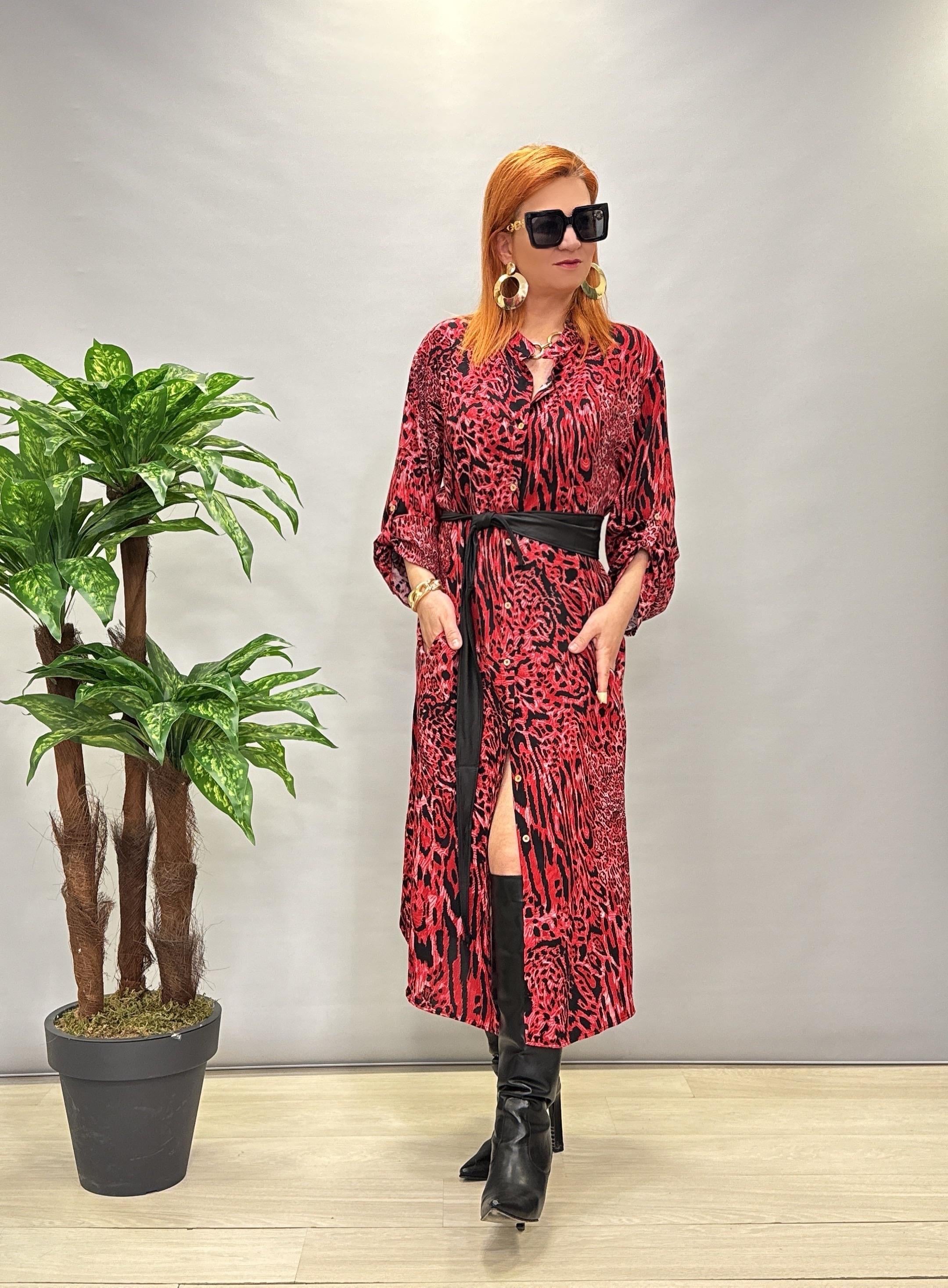 MNS 3005 PAMUKLU VİSKON GÖMLEK ELBİSE KIRMIZI (KEMER DAHİL DEĞİLİDİR.)