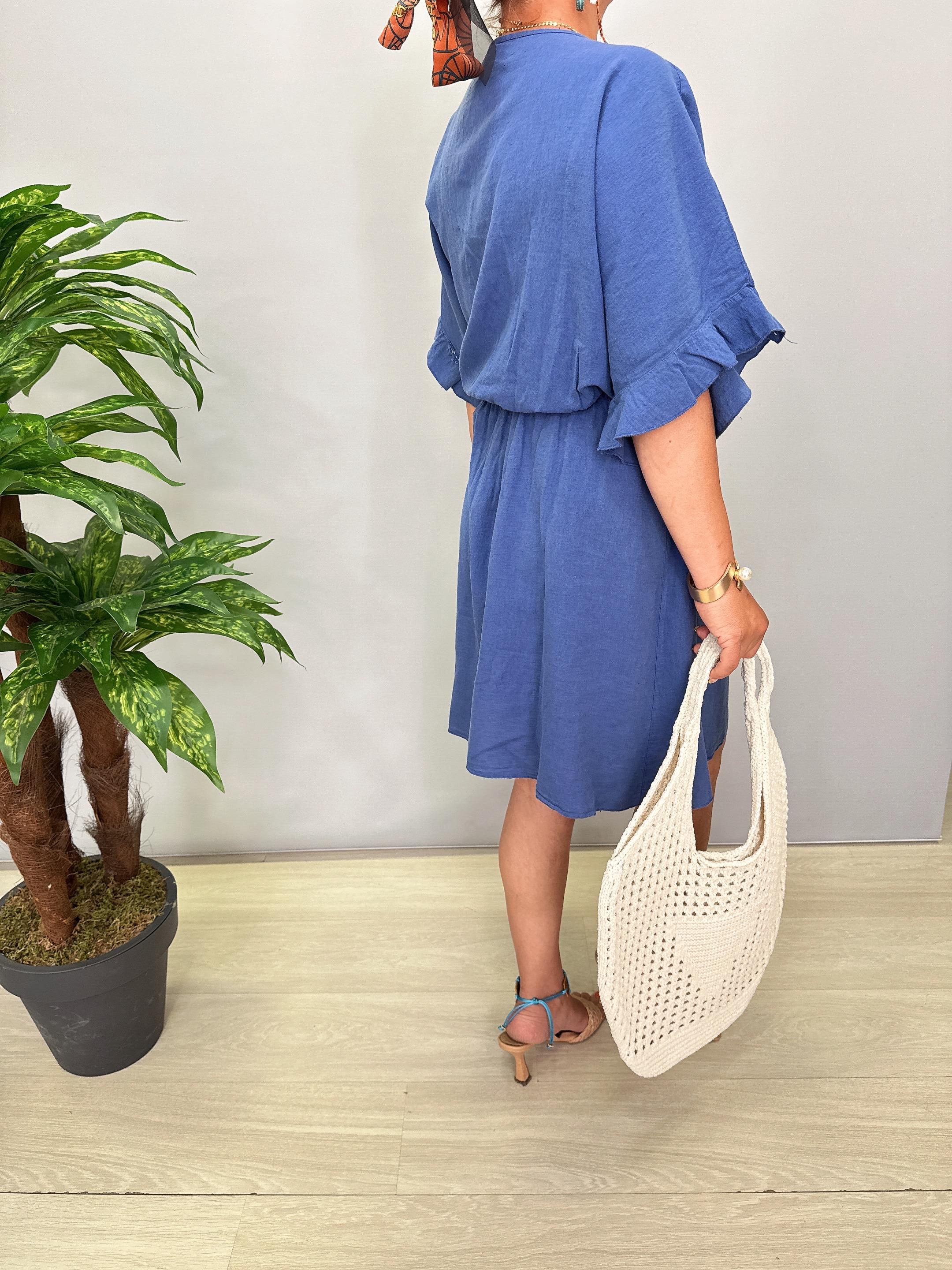 3014 Pamuklu Kruvaze Elbise Mavi