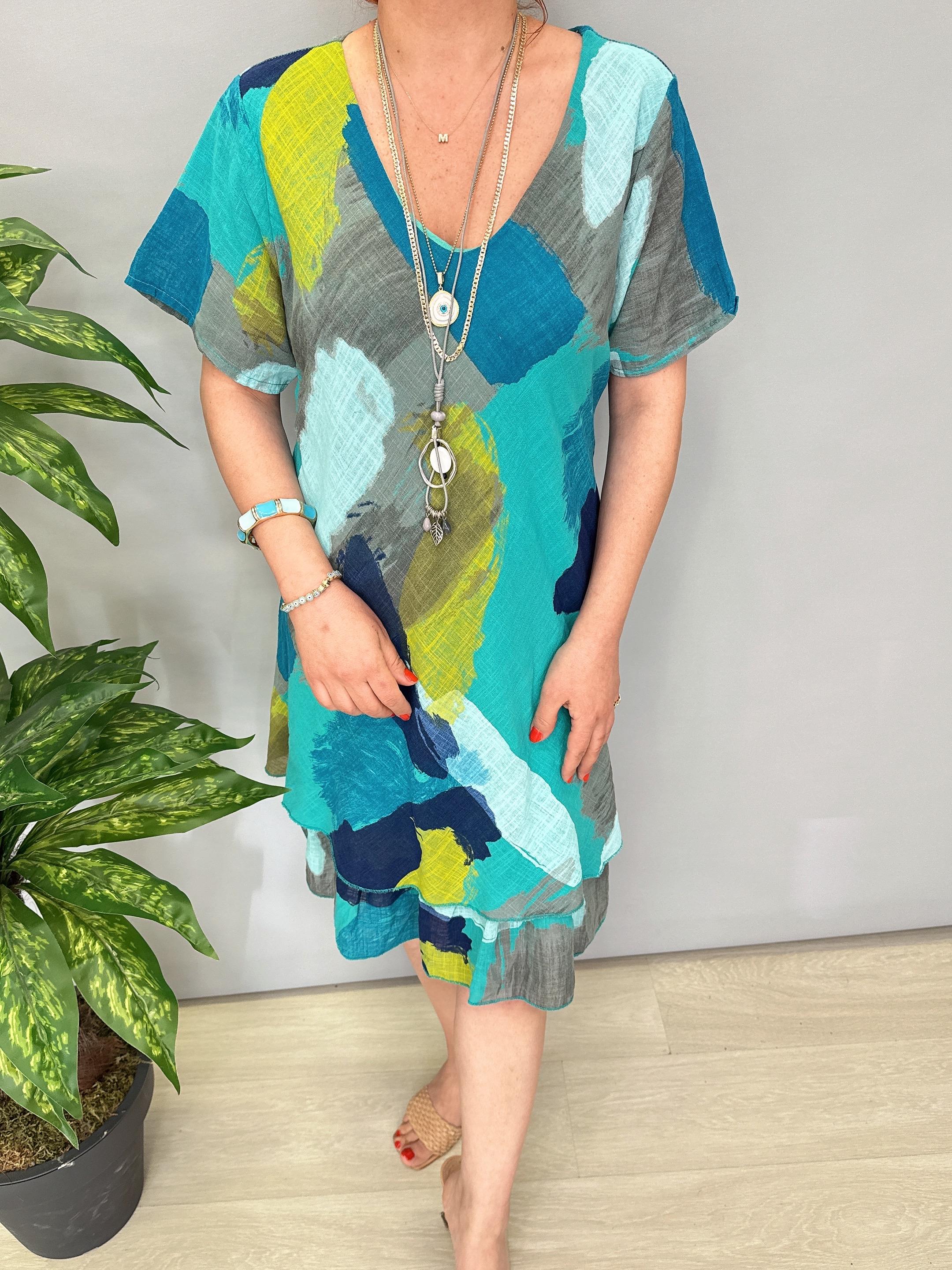 3040 İTALYAN PAMUKLU ELBİSE TURKUAZ