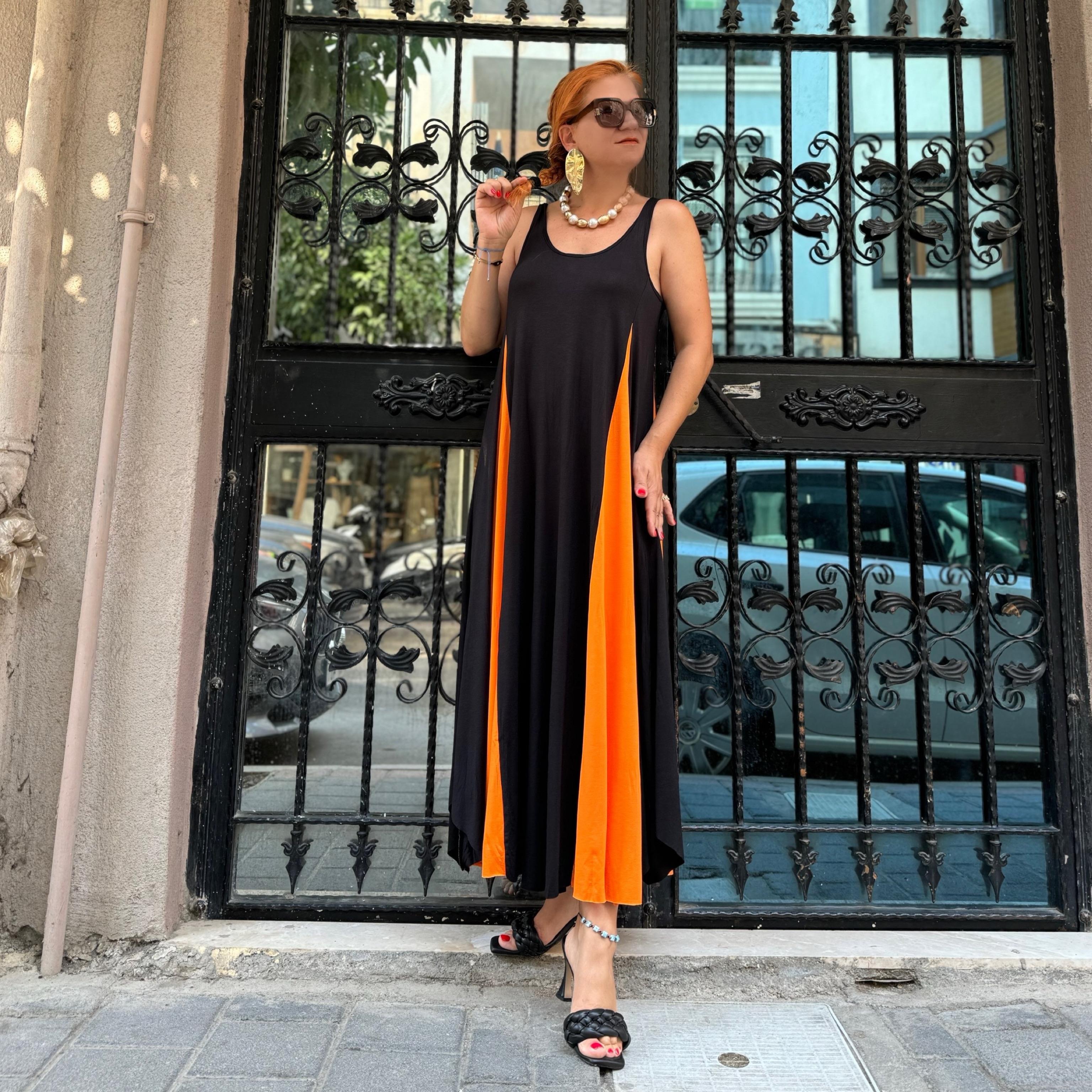 325  LİKRALI VİSKON PENYE ELBİSE SİYAH-TURUNCU 46 BEDENE KADAR UYUMLUDUR  boyum 1.64