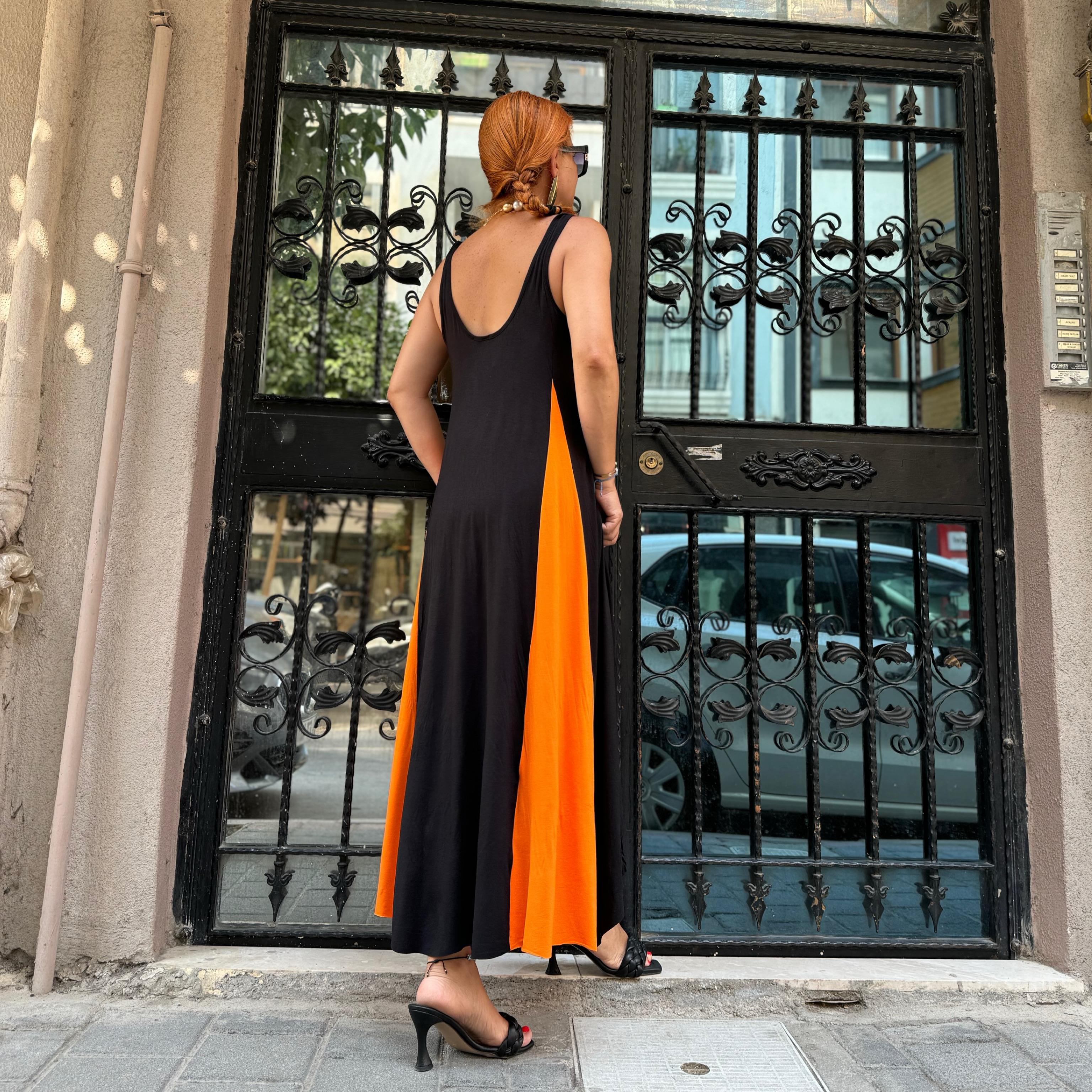 325  LİKRALI VİSKON PENYE ELBİSE SİYAH-TURUNCU 46 BEDENE KADAR UYUMLUDUR  boyum 1.64