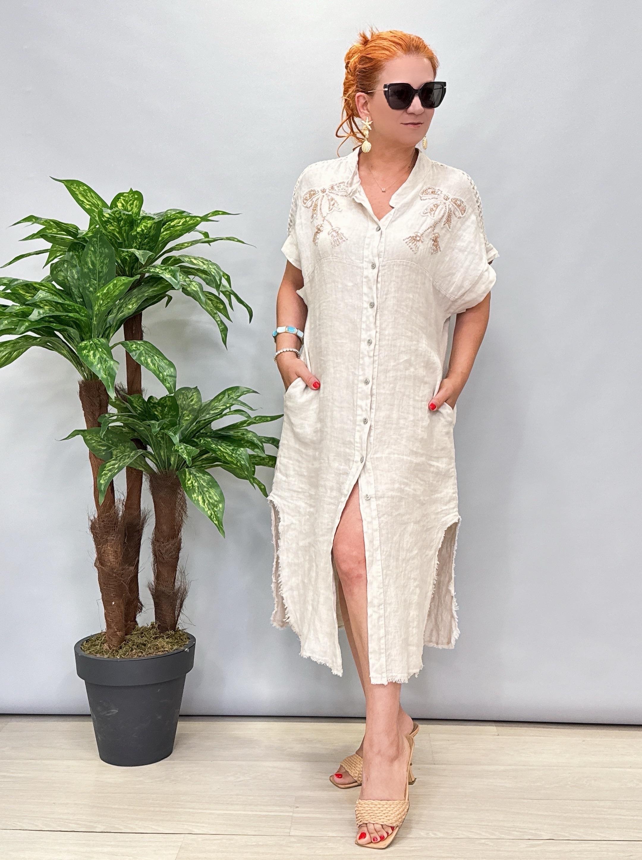 3310 Italyan Nakış Detaylı Keten Elbise Taş 