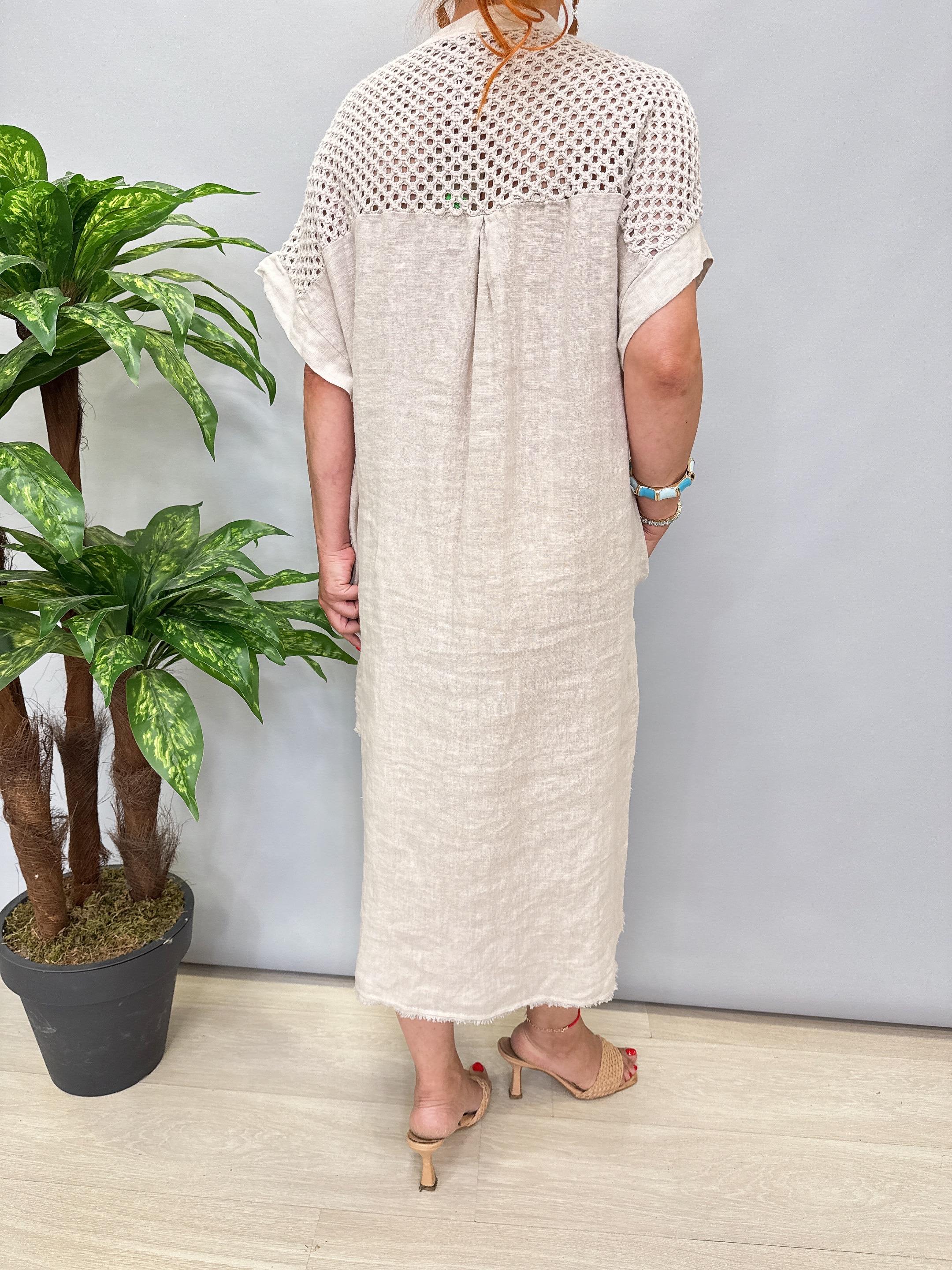 3310 Italyan Nakış Detaylı Keten Elbise Taş 