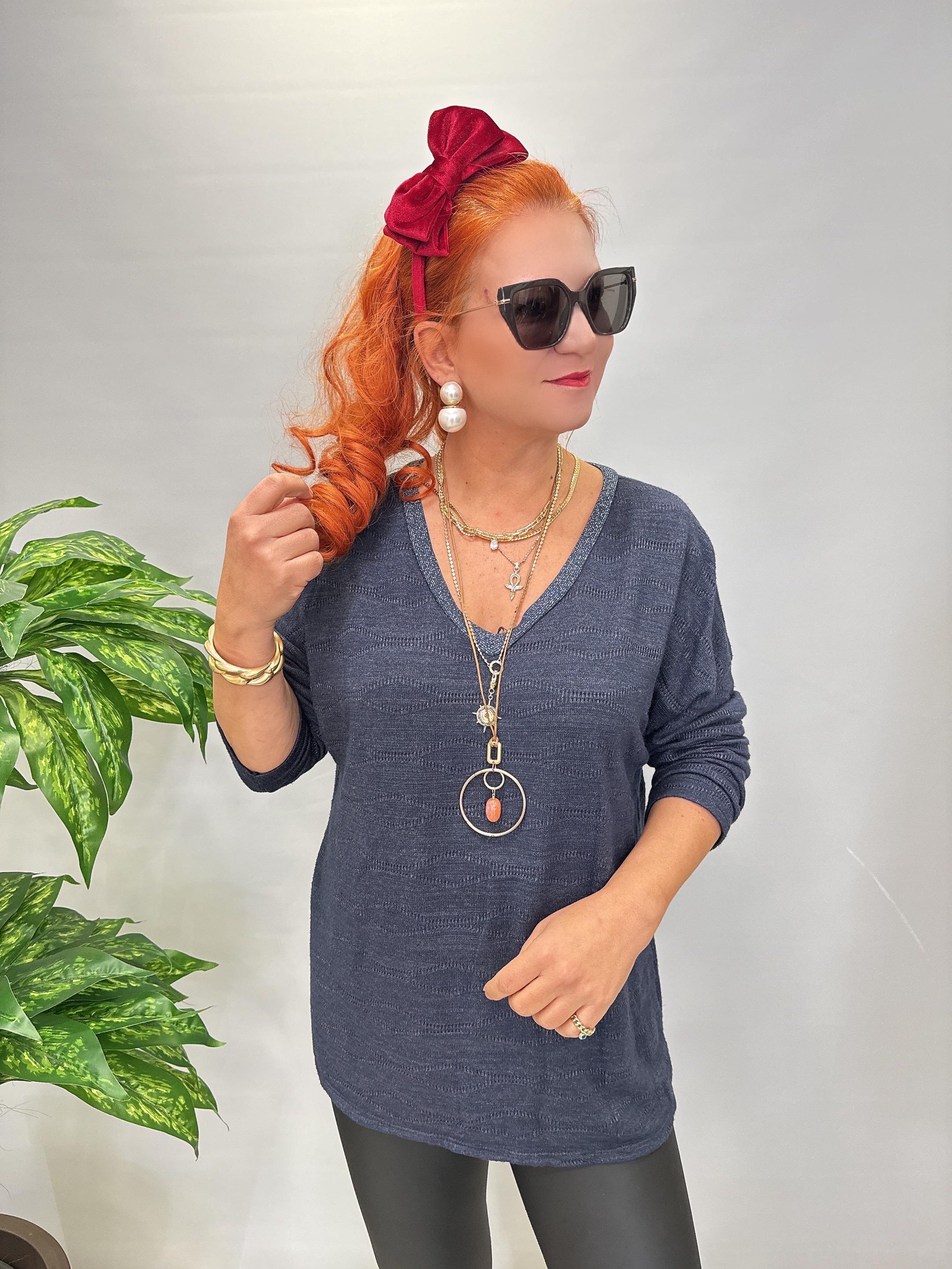 3345 Italyan İnce Sim Detay Triko Bluz Lacivert