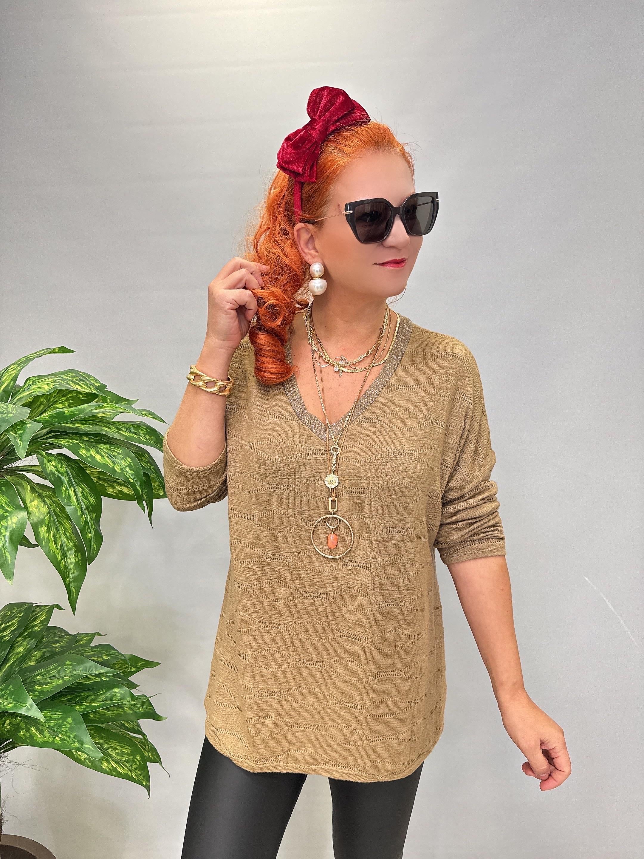 3345 Italyan İnce Sim Detay Triko Bluz Camel