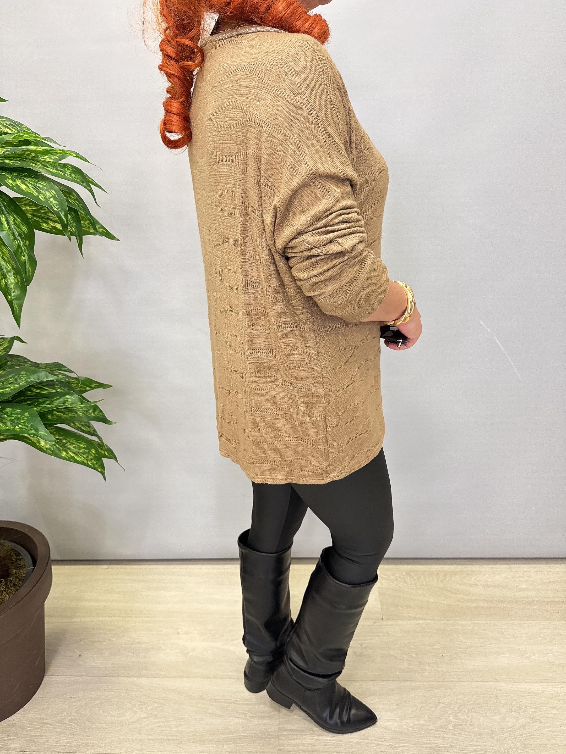 3345 Italyan İnce Sim Detay Triko Bluz Camel