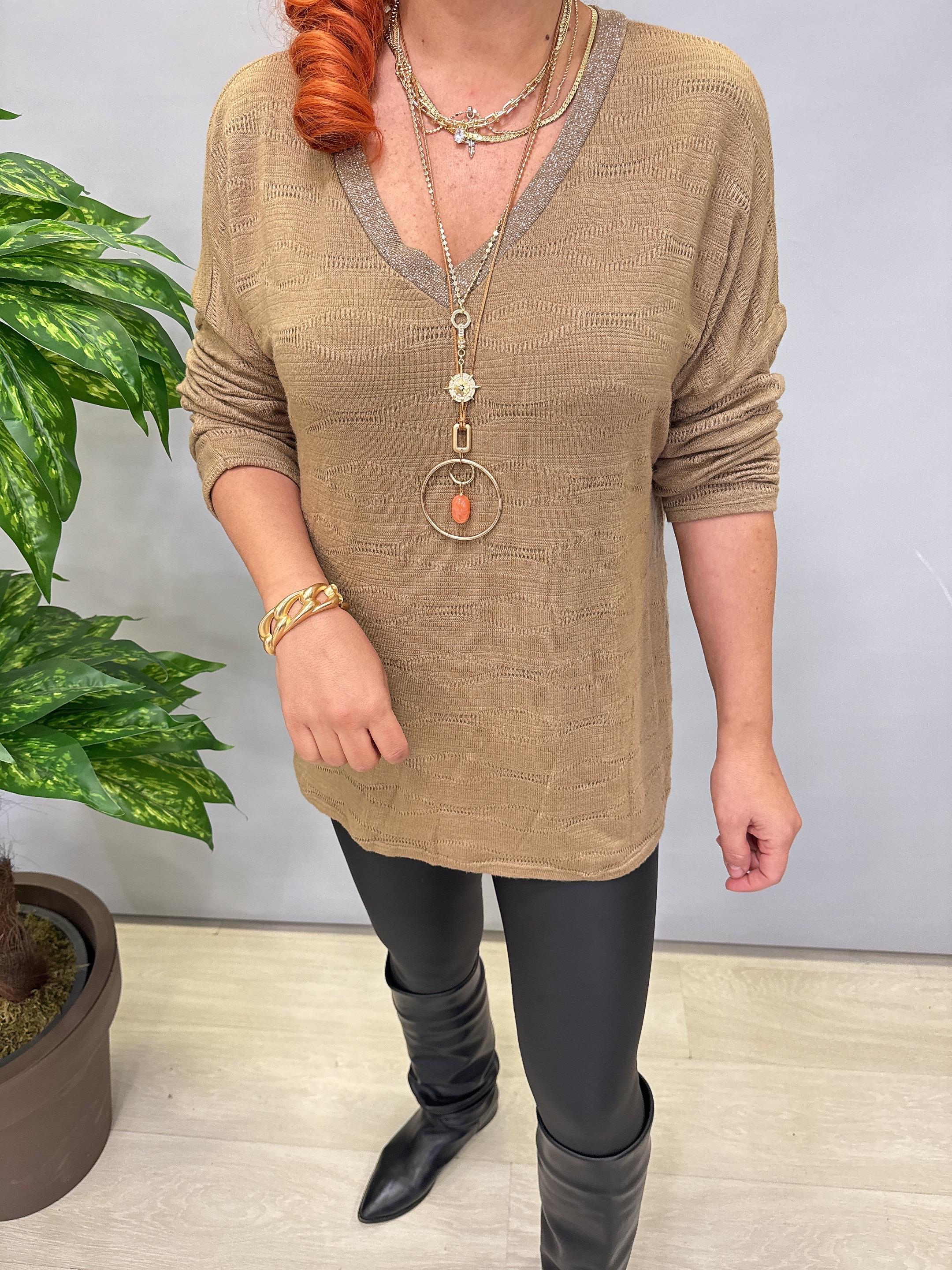 3345 Italyan İnce Sim Detay Triko Bluz Camel