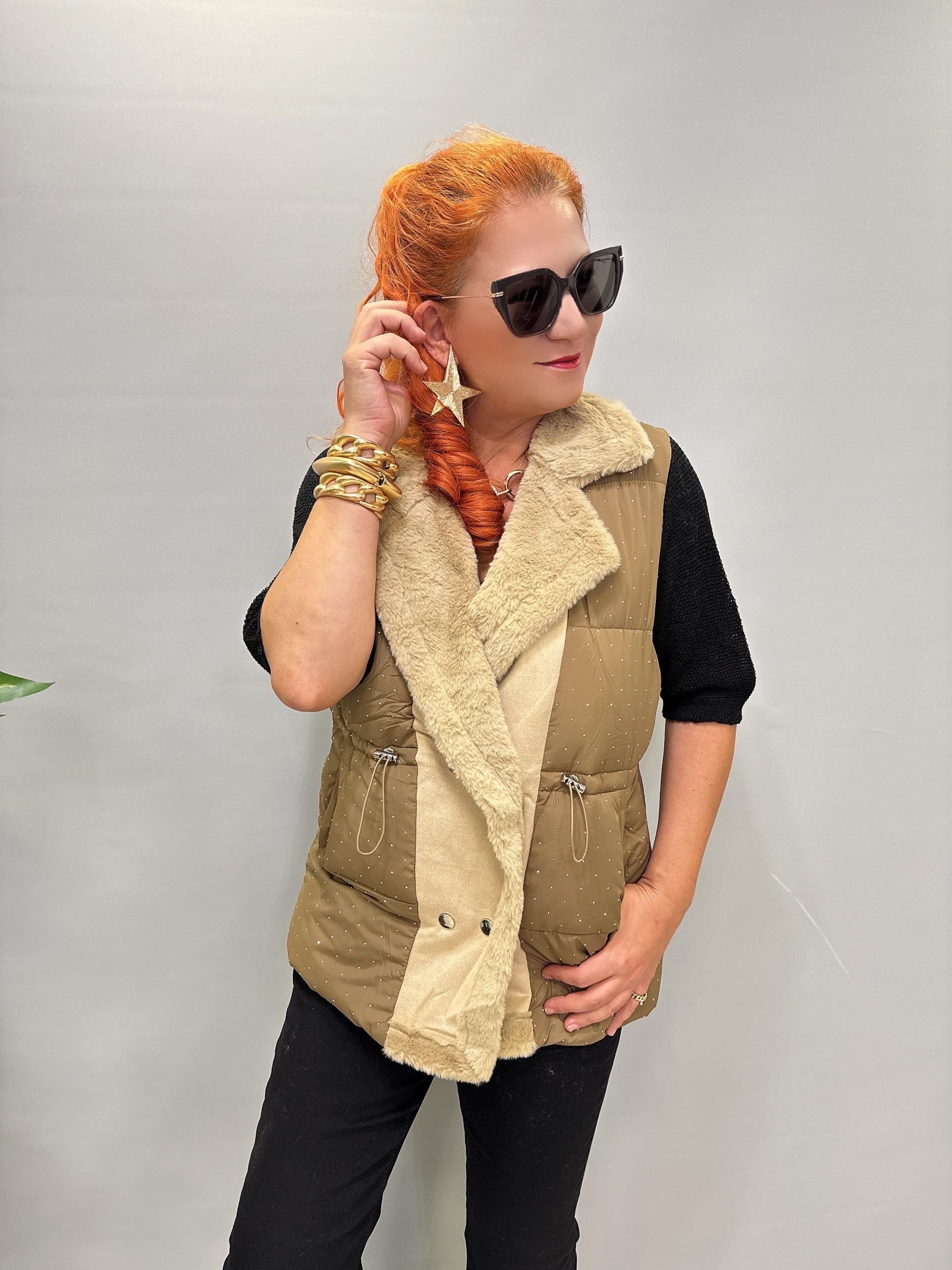 3570 Taş Detay Şişme Yelek Vizon