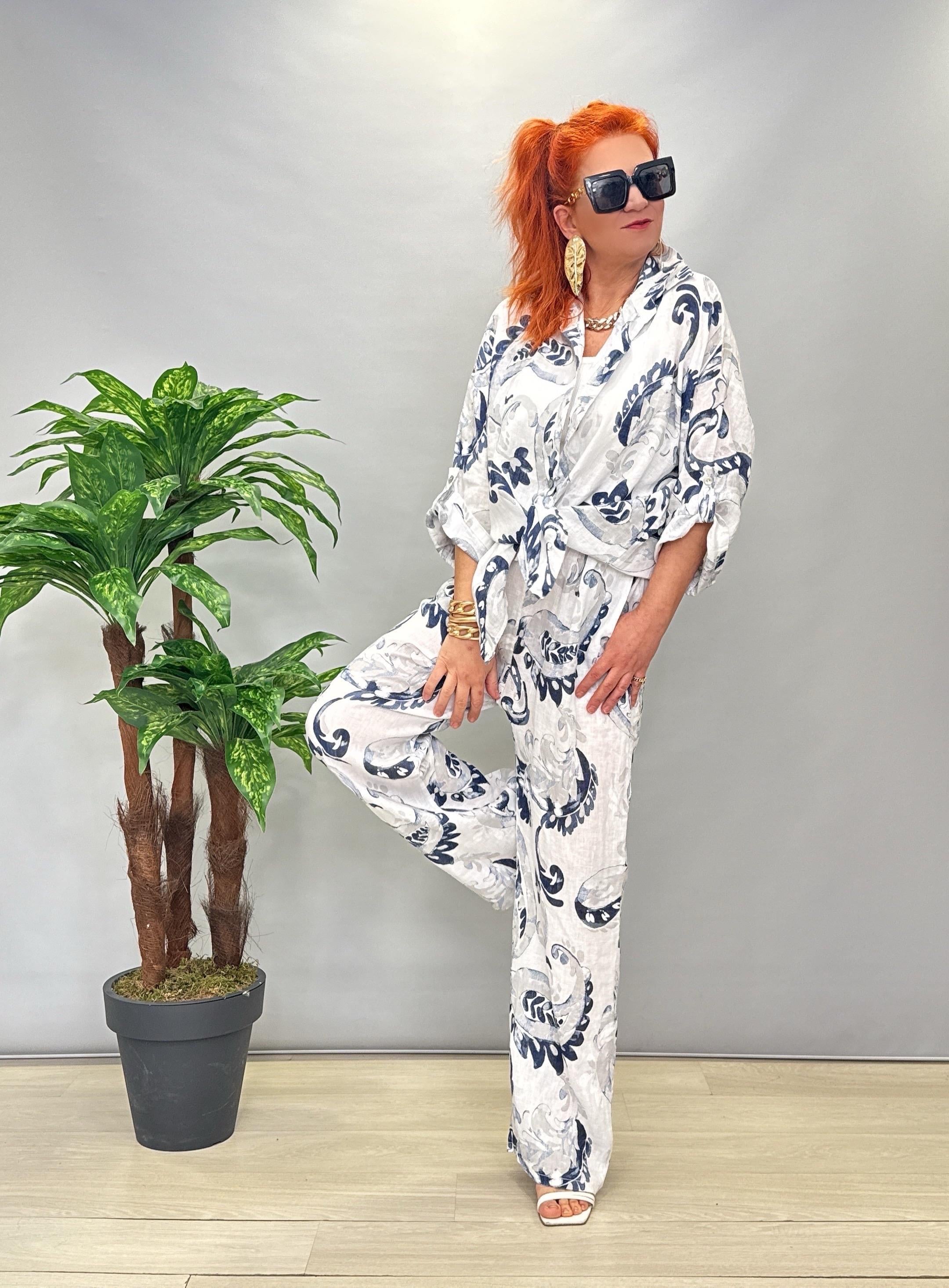 MNS 4085 DESENLİ KETEN TAKIM BEYAZ