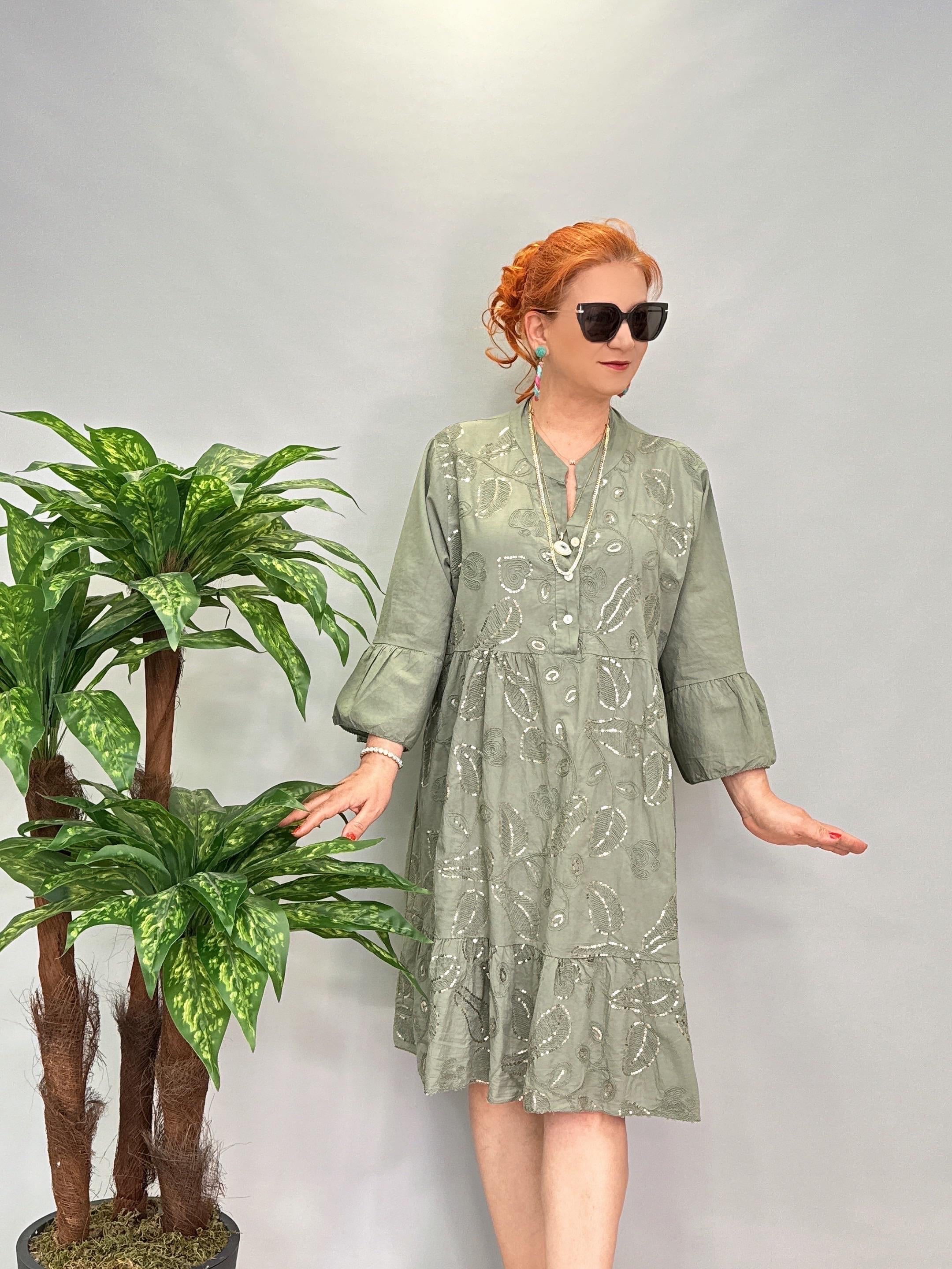 4110 Italyan Payet Detay Elbise Haki