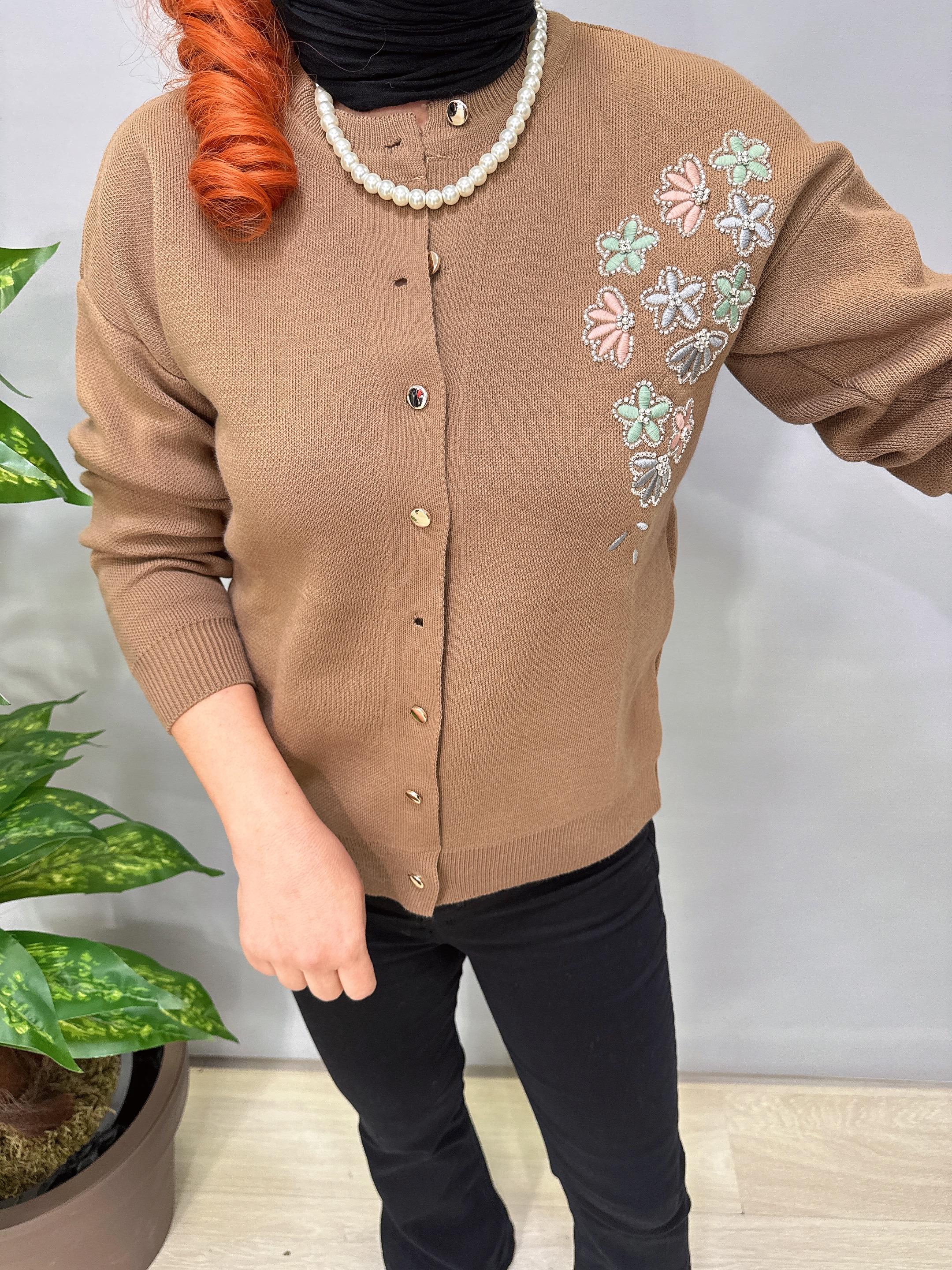 4313 Nakış Detaylı Triko Hırka Bluz Camel