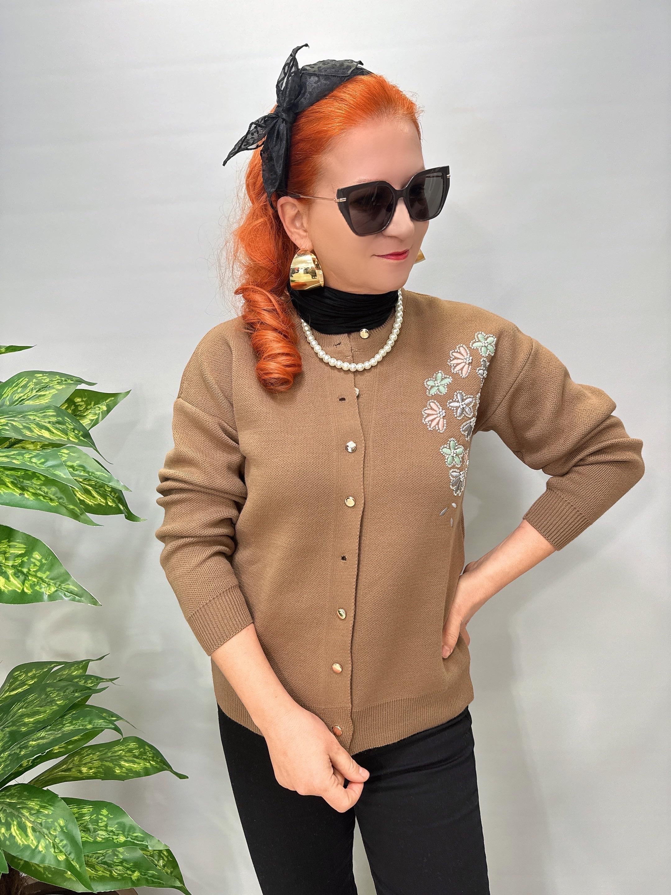 4313 Nakış Detaylı Triko Hırka Bluz Camel