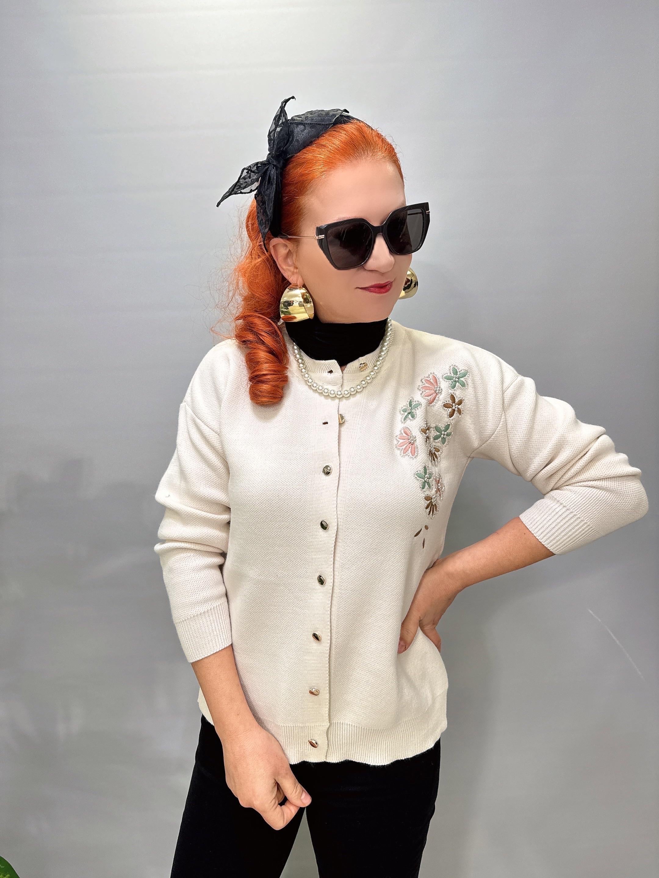 4313 Nakış Detaylı Triko Hırka Bluz Ekru