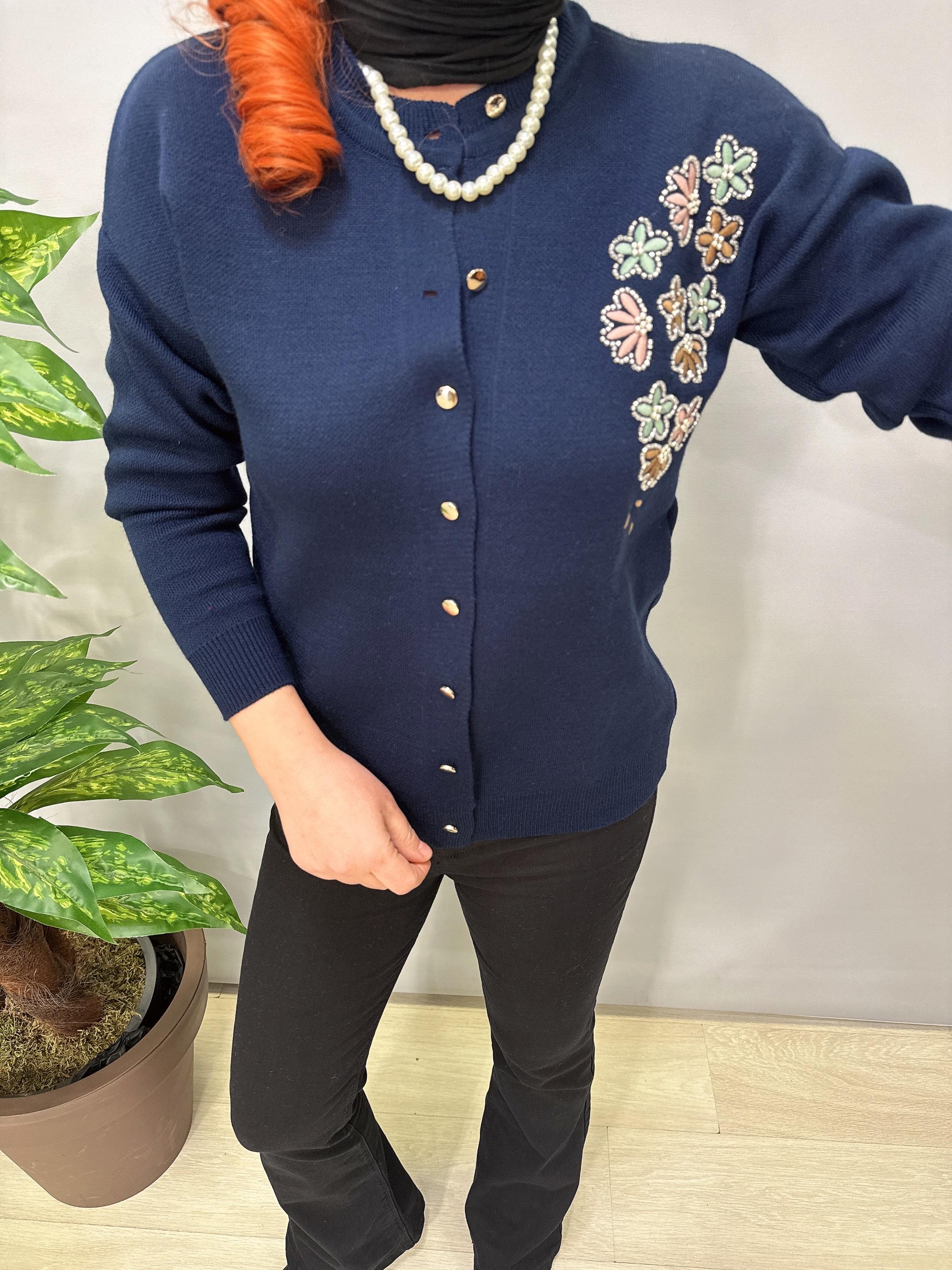 4313 Nakış Detaylı Triko Hırka Bluz Lacivert