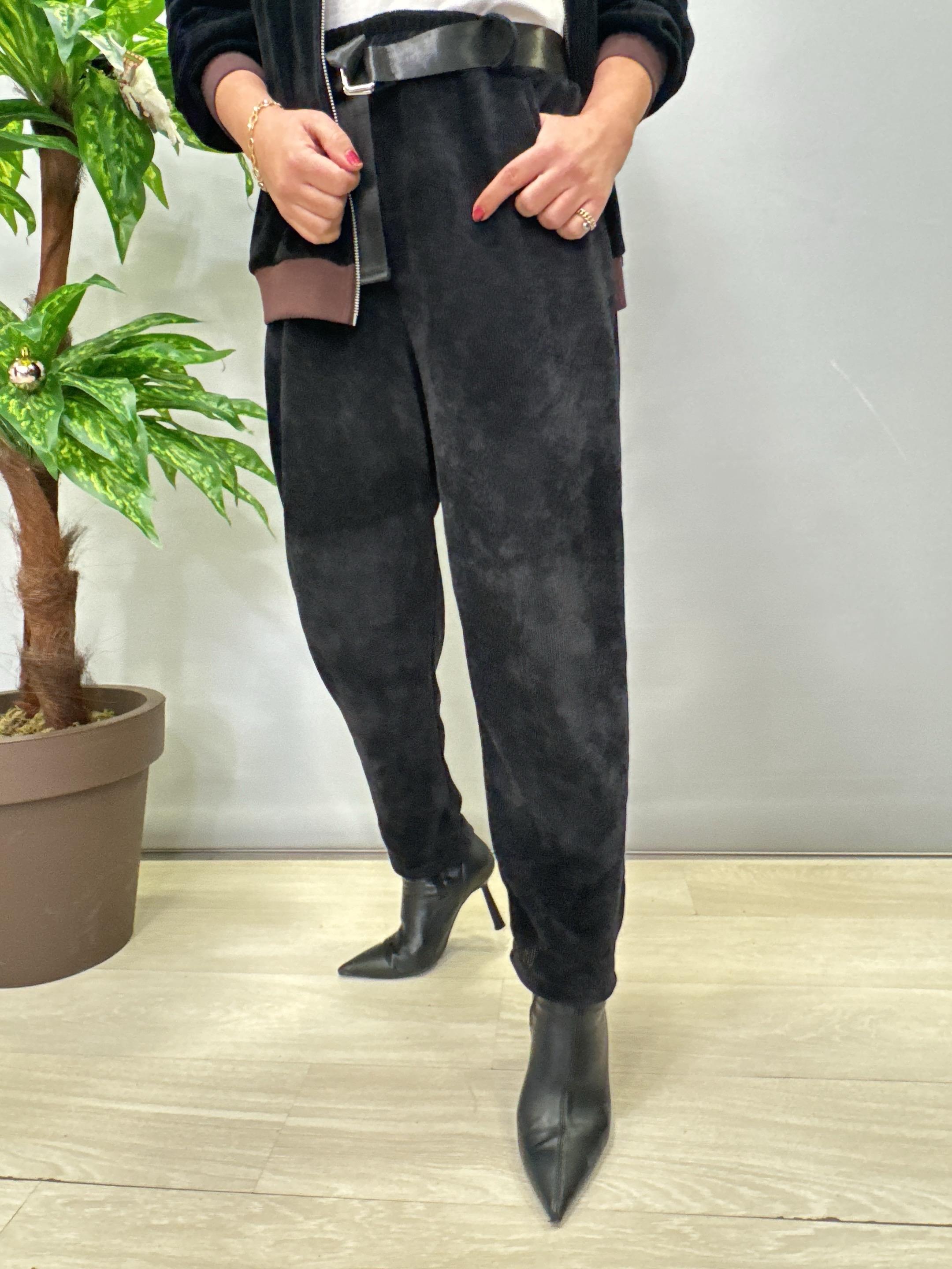 4375 Şönil Kadife Kemerli Pantolon Siyah