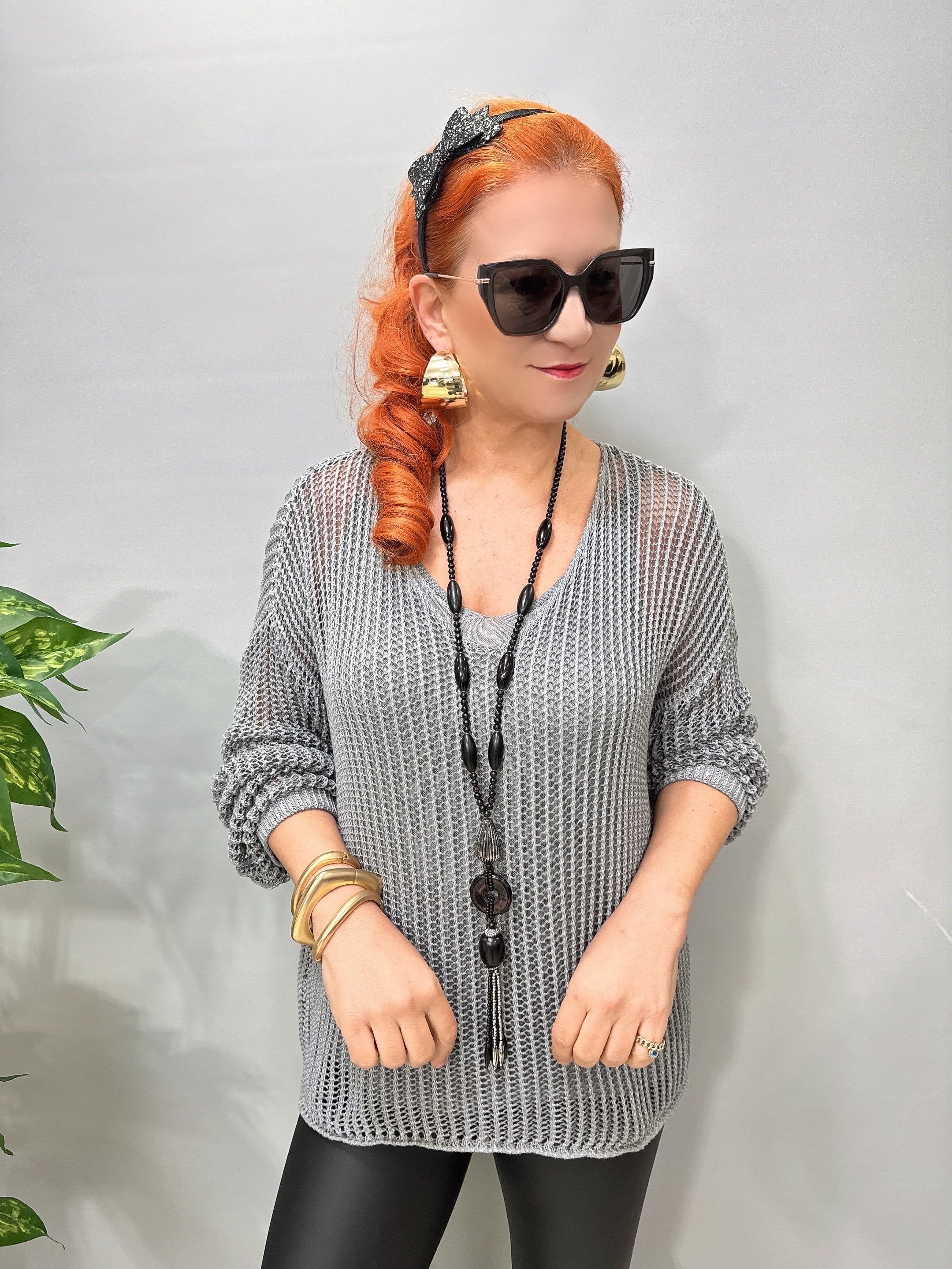 4527 Italyan Delikli Triko Bluz Gri