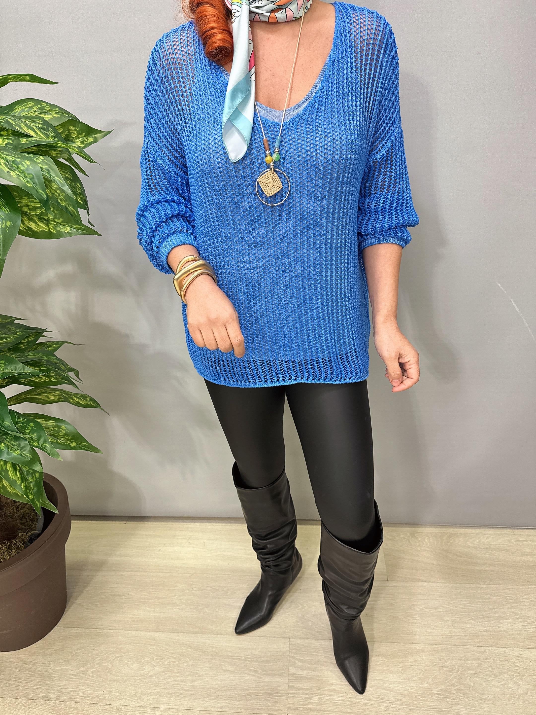 4527 Italyan Delikli Triko Bluz Mavi