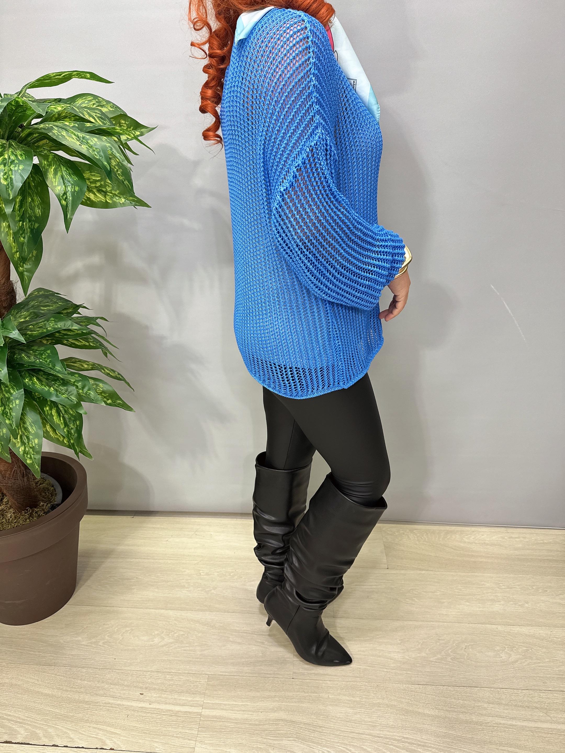 4527 Italyan Delikli Triko Bluz Mavi