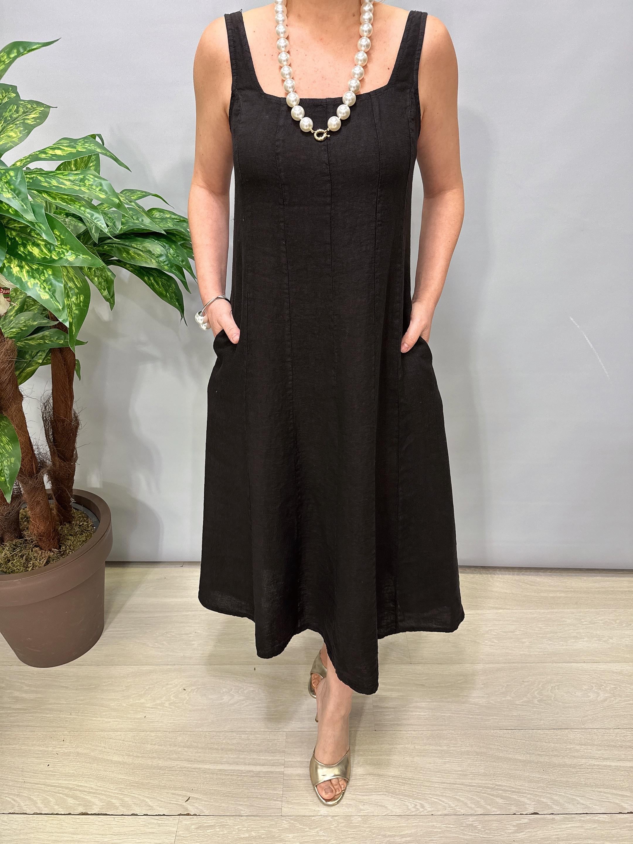 4550 Italyan Ham Keten Elbise Siyah