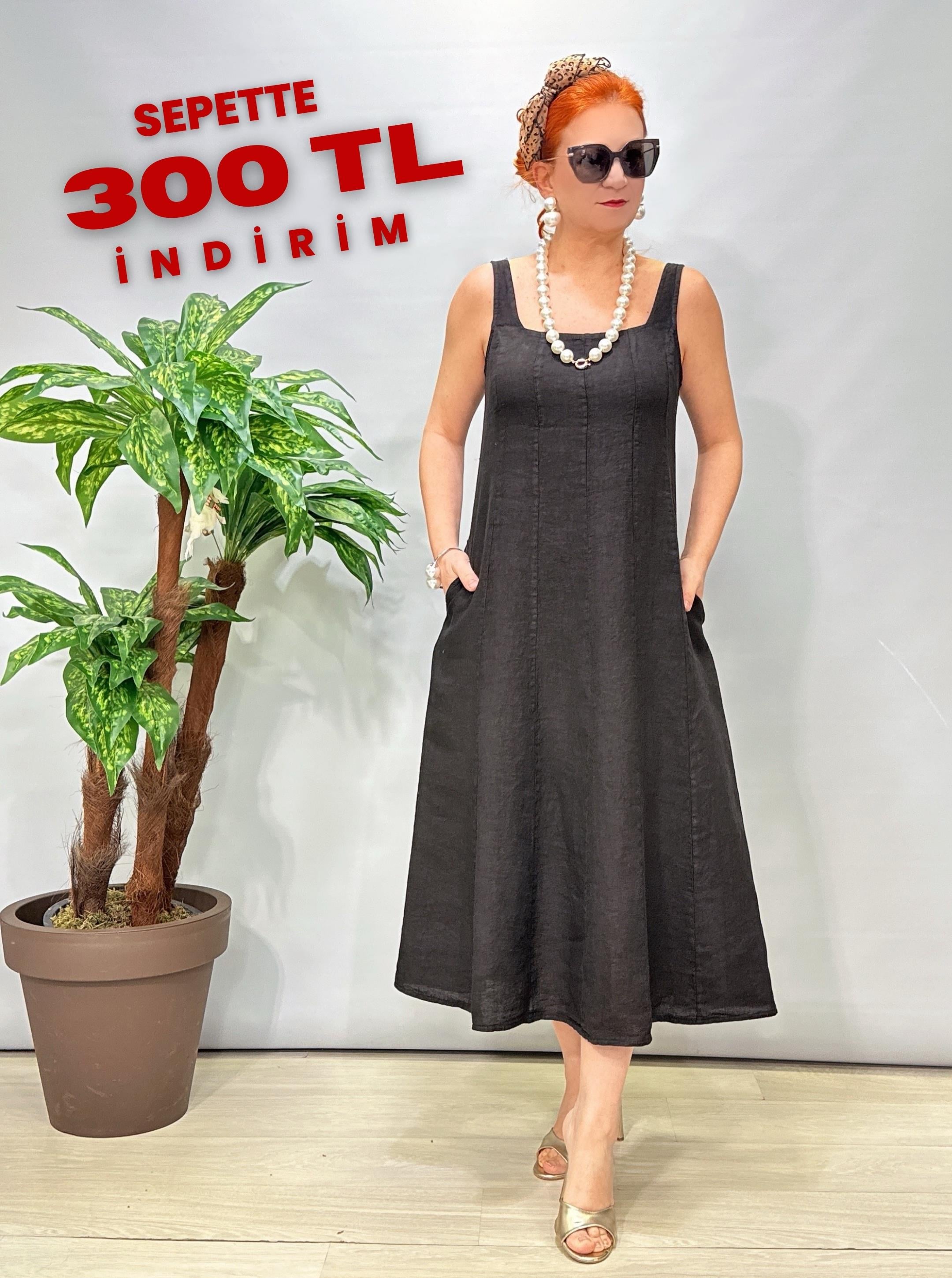 4550 Italyan Ham Keten Elbise Siyah