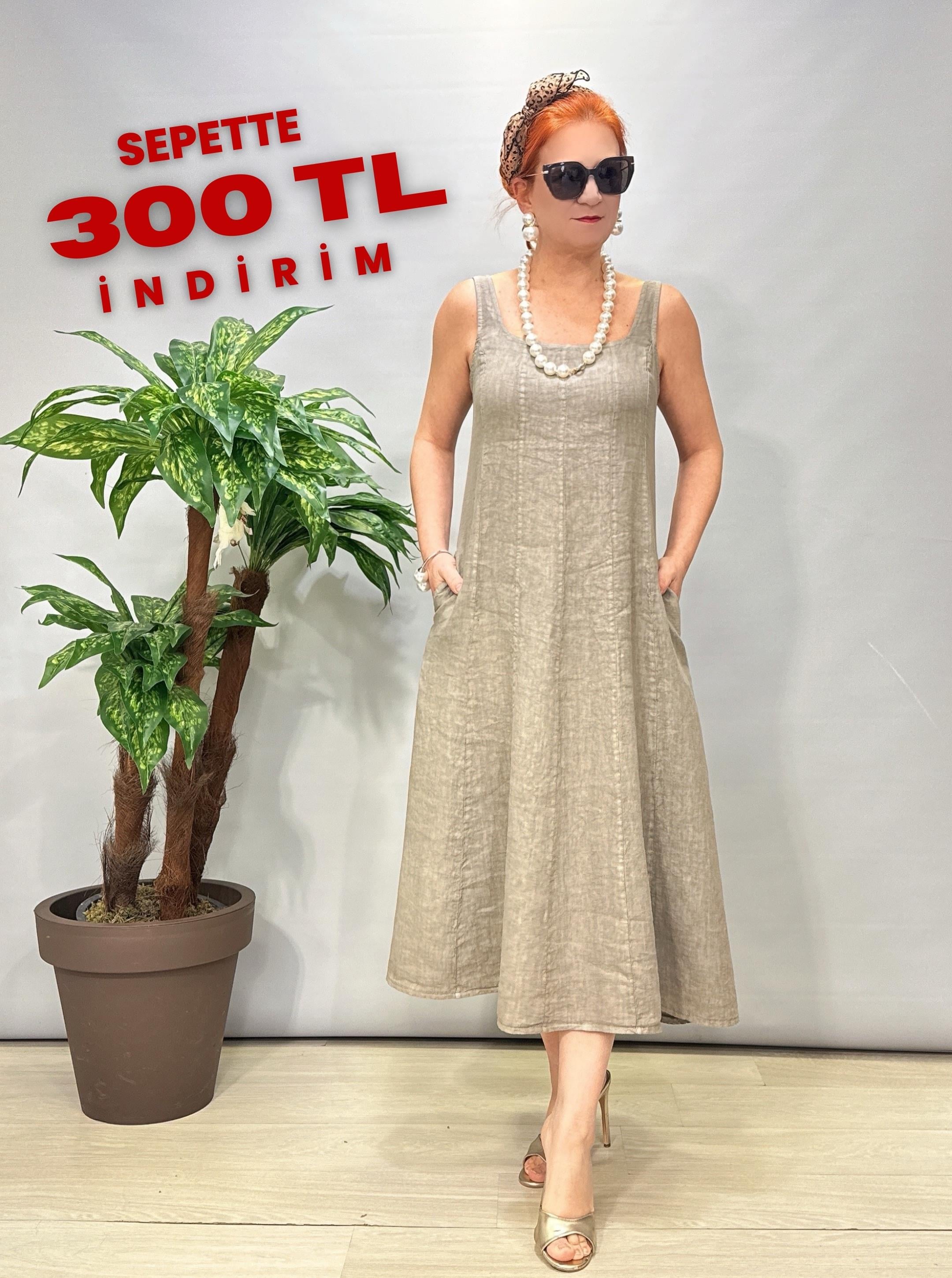 4550 Italyan Ham Keten Elbise Vizon