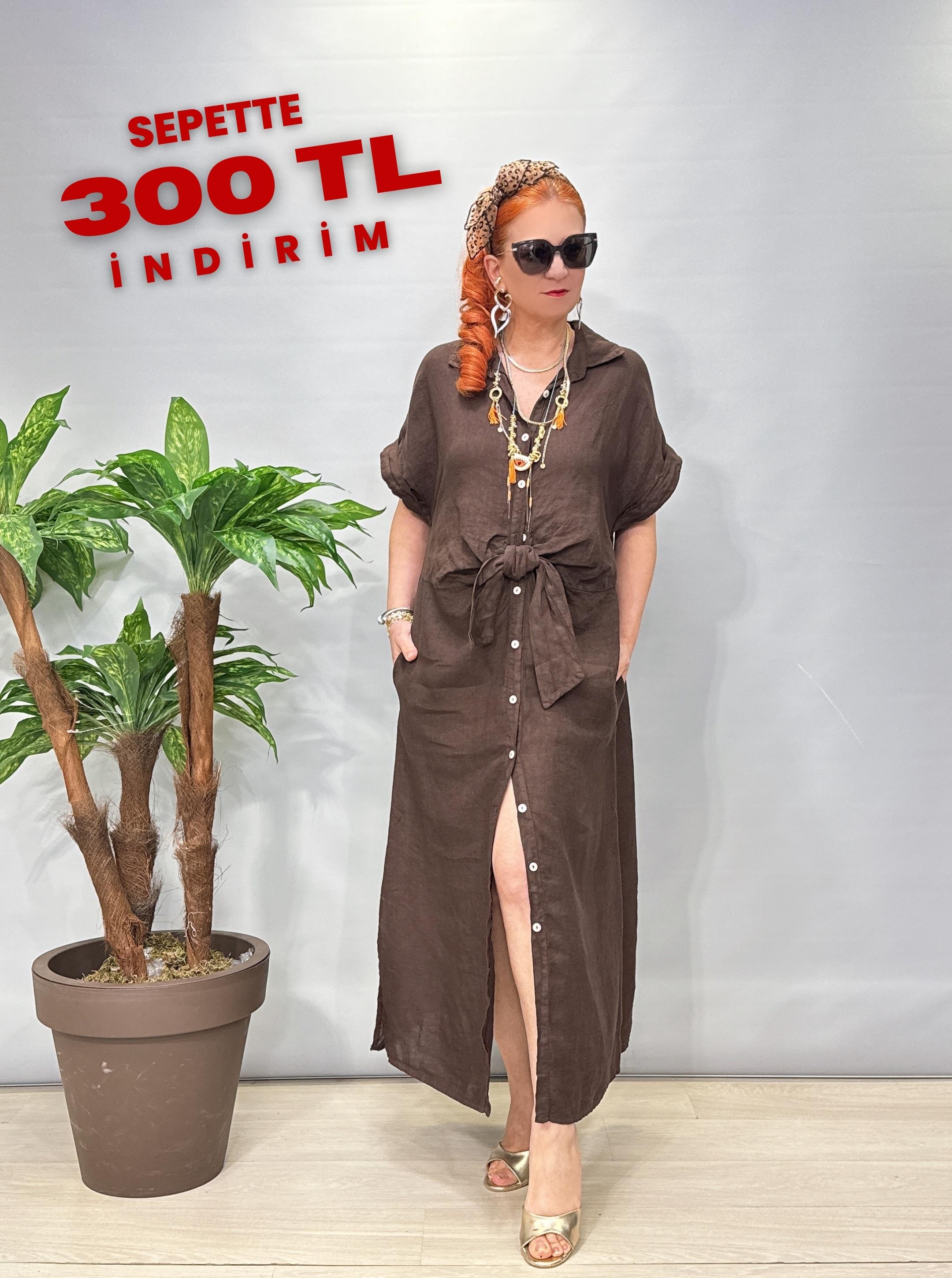 4555 Italyan Ham Keten  Elbise Acı Kahve