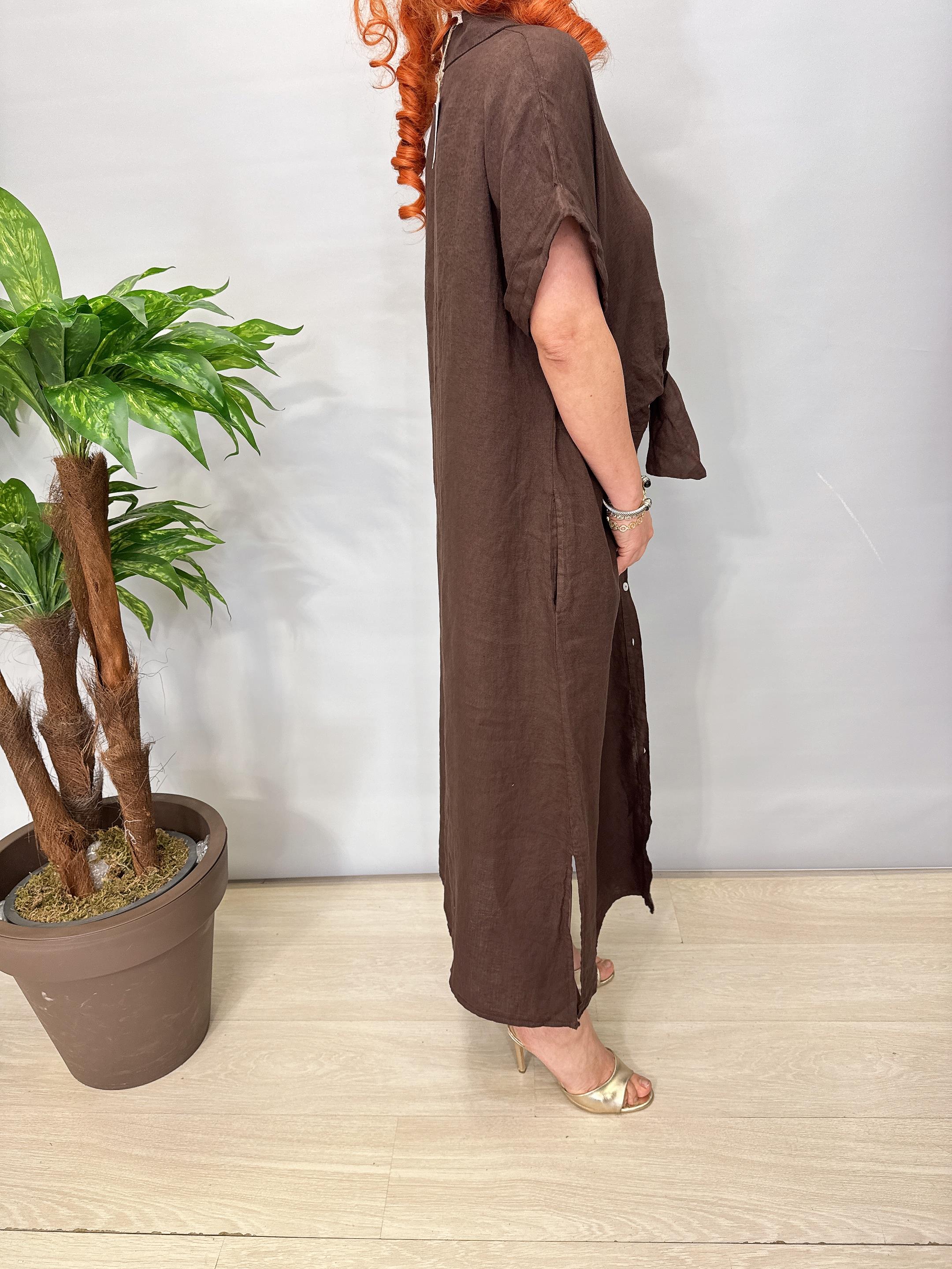 4555 Italyan Ham Keten  Elbise Acı Kahve