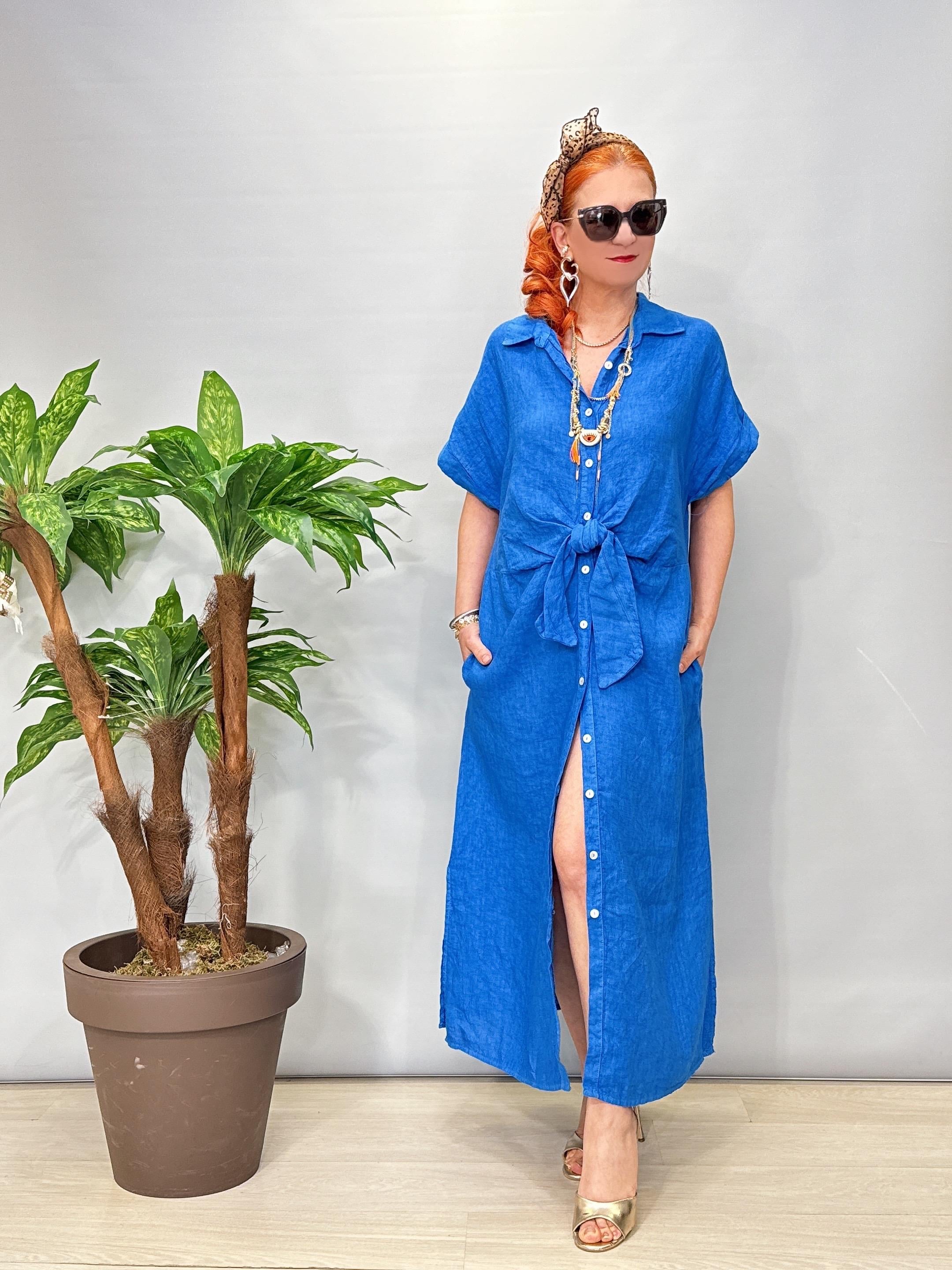 4555 Italyan Ham Keten  Elbise Mavi