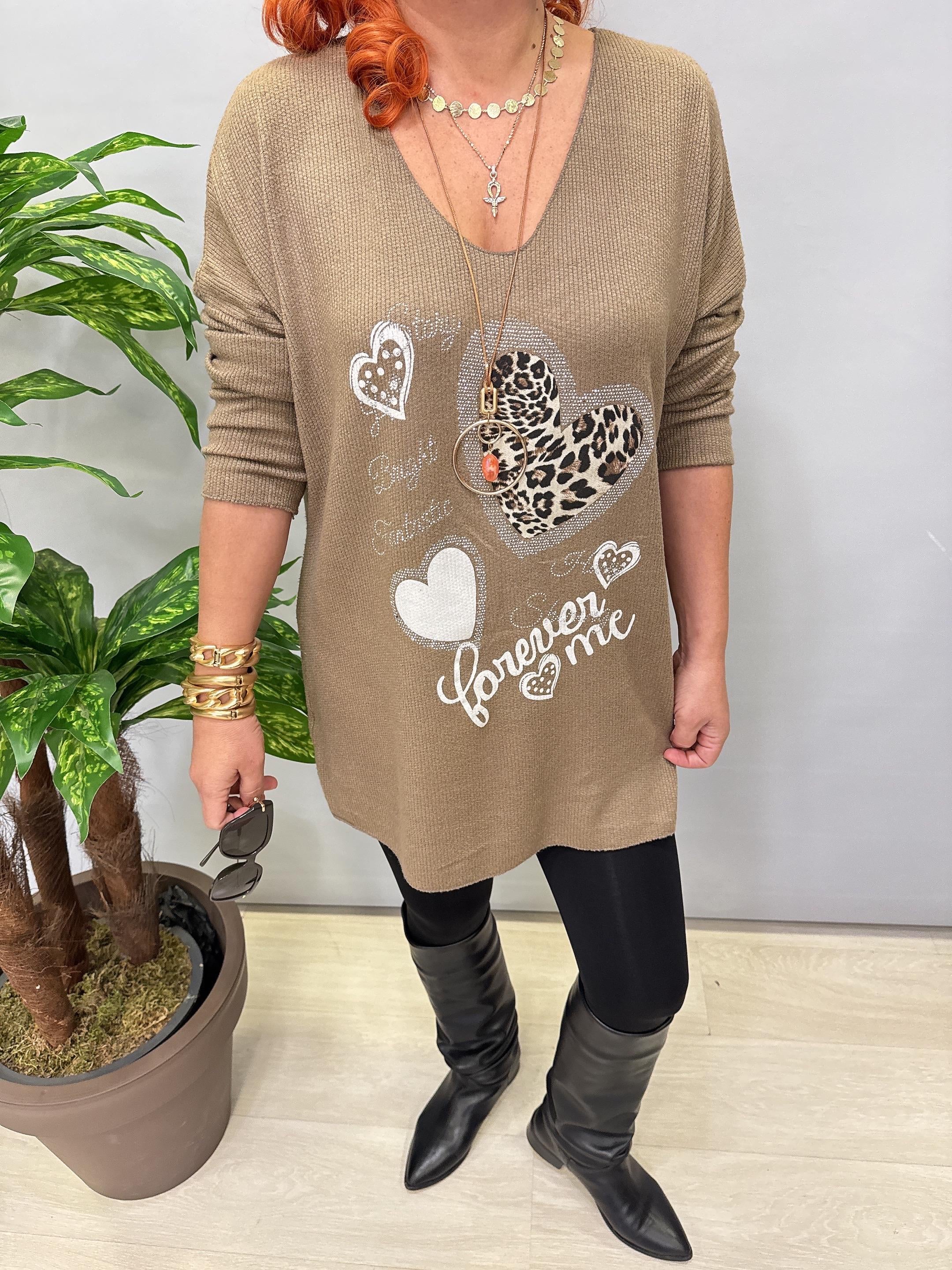 4646 Italyan Desenli Triko Bluz Vizon