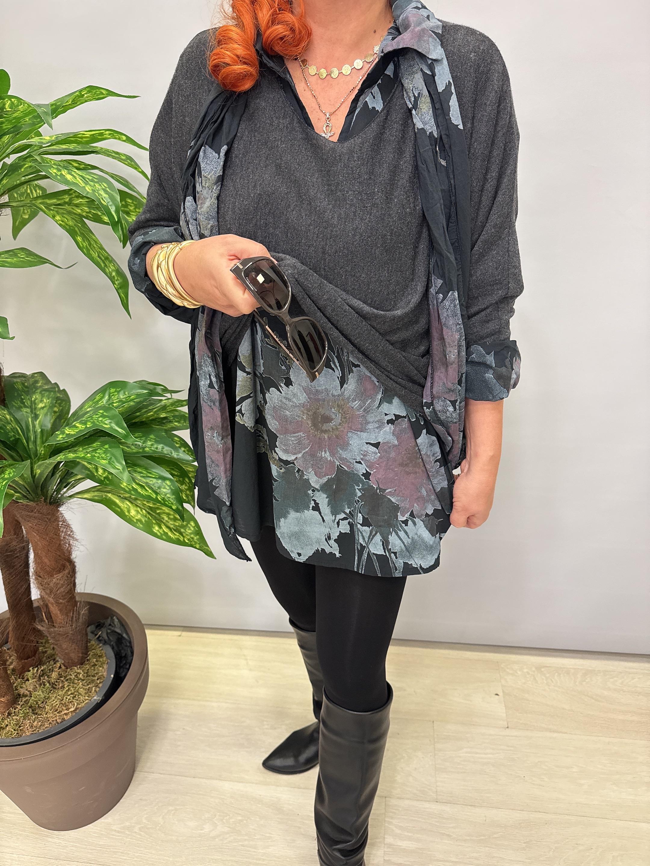 4646 Italyan Fularlı Pamuklu Bluz Antrasit