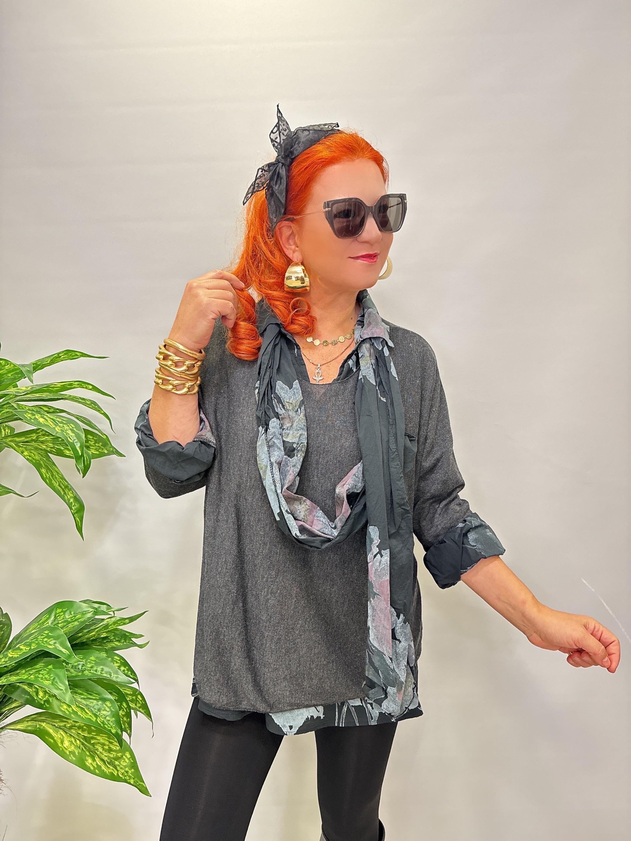 4646 Italyan Fularlı Pamuklu Bluz Antrasit