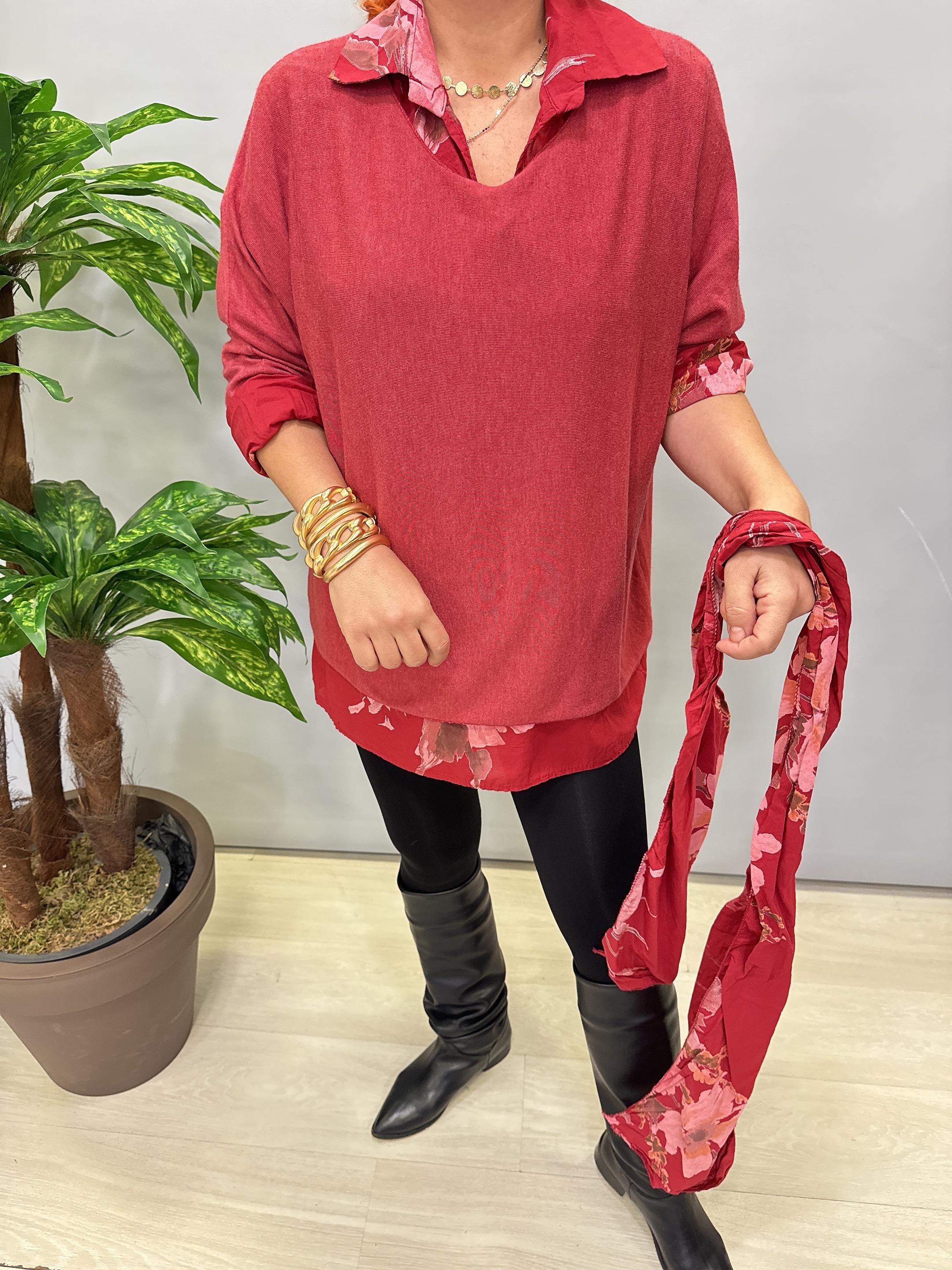 4646 Italyan Fularlı Pamuklu Bluz Bordo