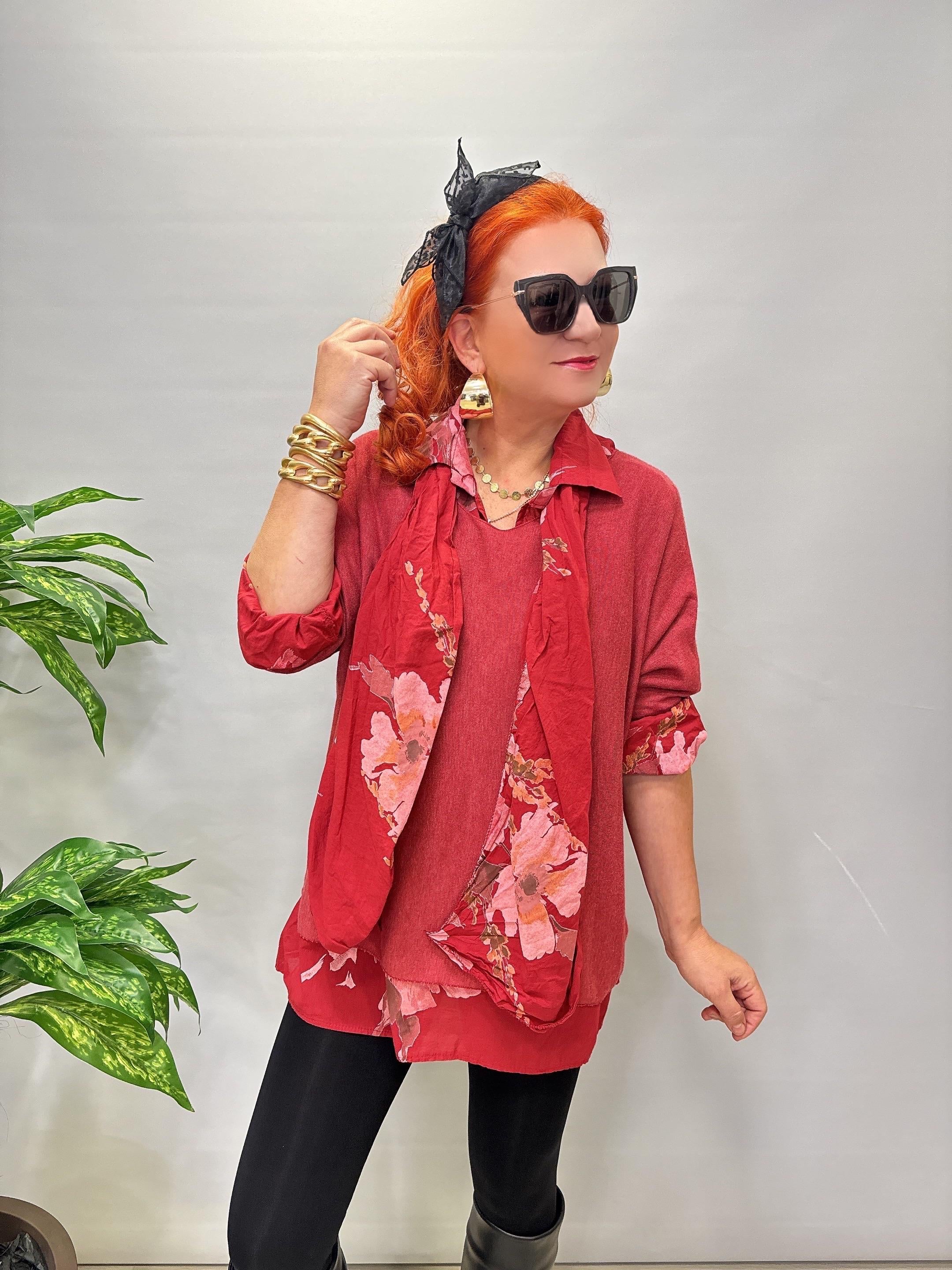 4646 Italyan Fularlı Pamuklu Bluz Bordo