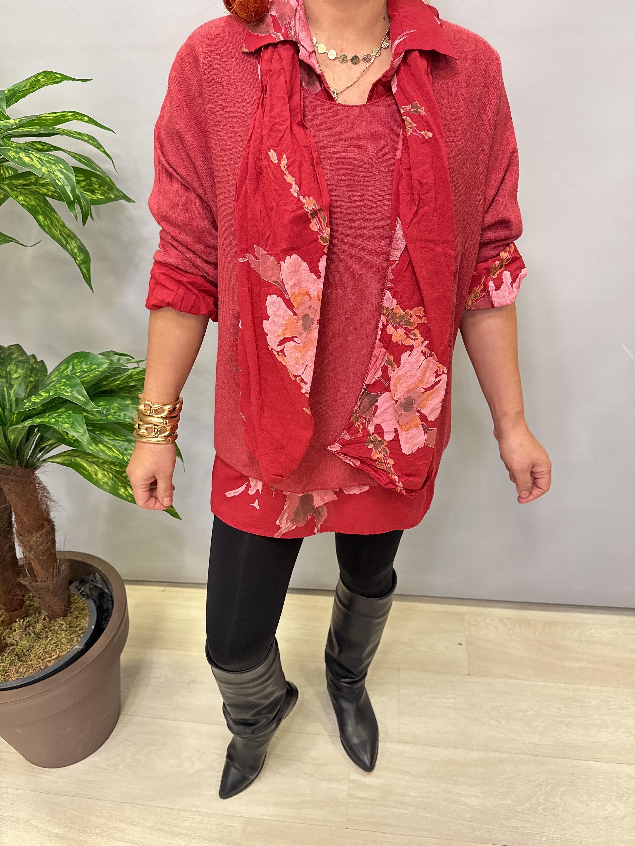 4646 Italyan Fularlı Pamuklu Bluz Bordo