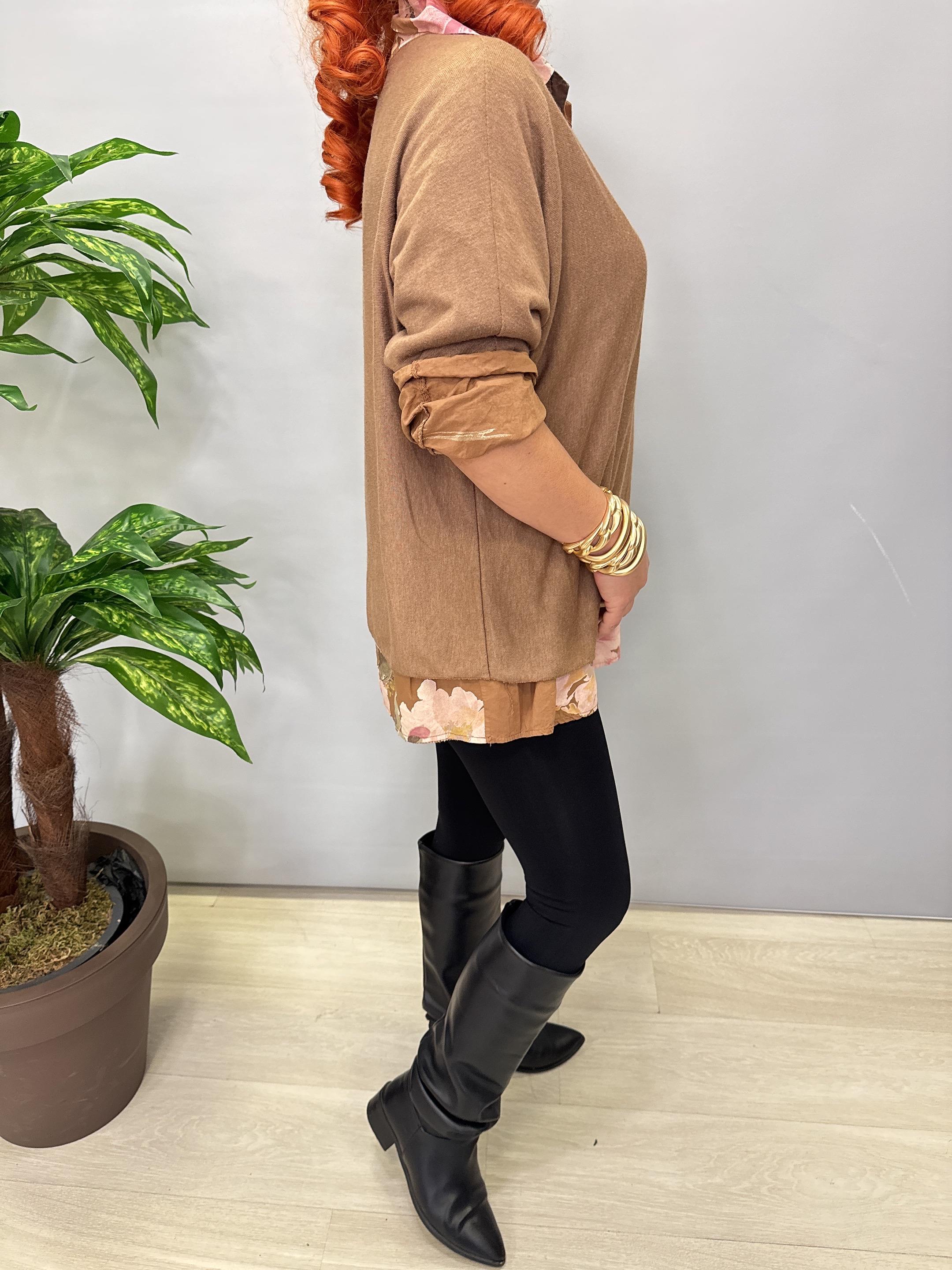 4646 Italyan Fularlı Pamuklu Bluz Camel